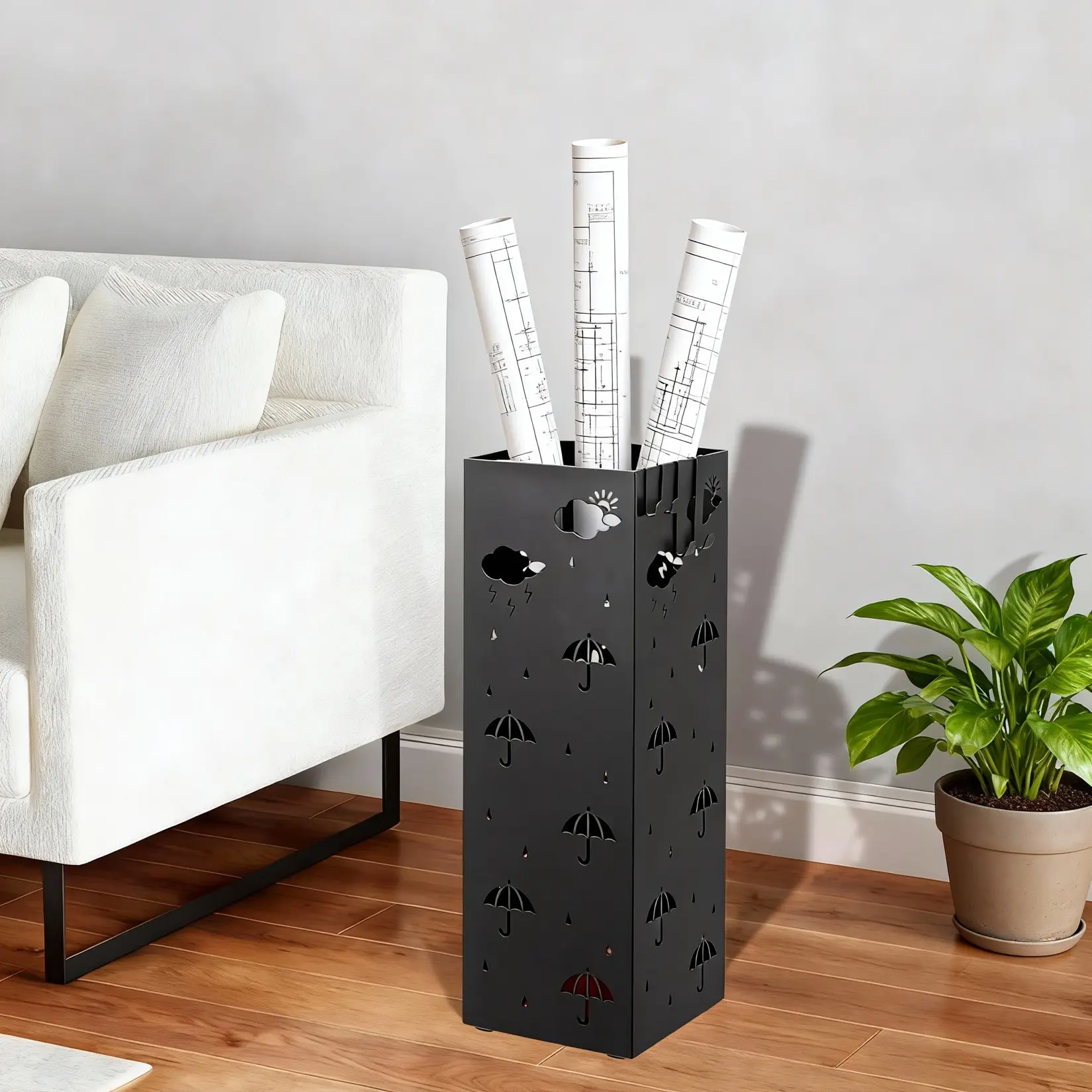 Square Metal Umbrella Stand for Entryway,Square Metal Umbrella Stand with Removable Drip Tray and 4 Hooks, Freestanding Cold-Rolled Steel Umbrella Holder for Entryway, Home Office