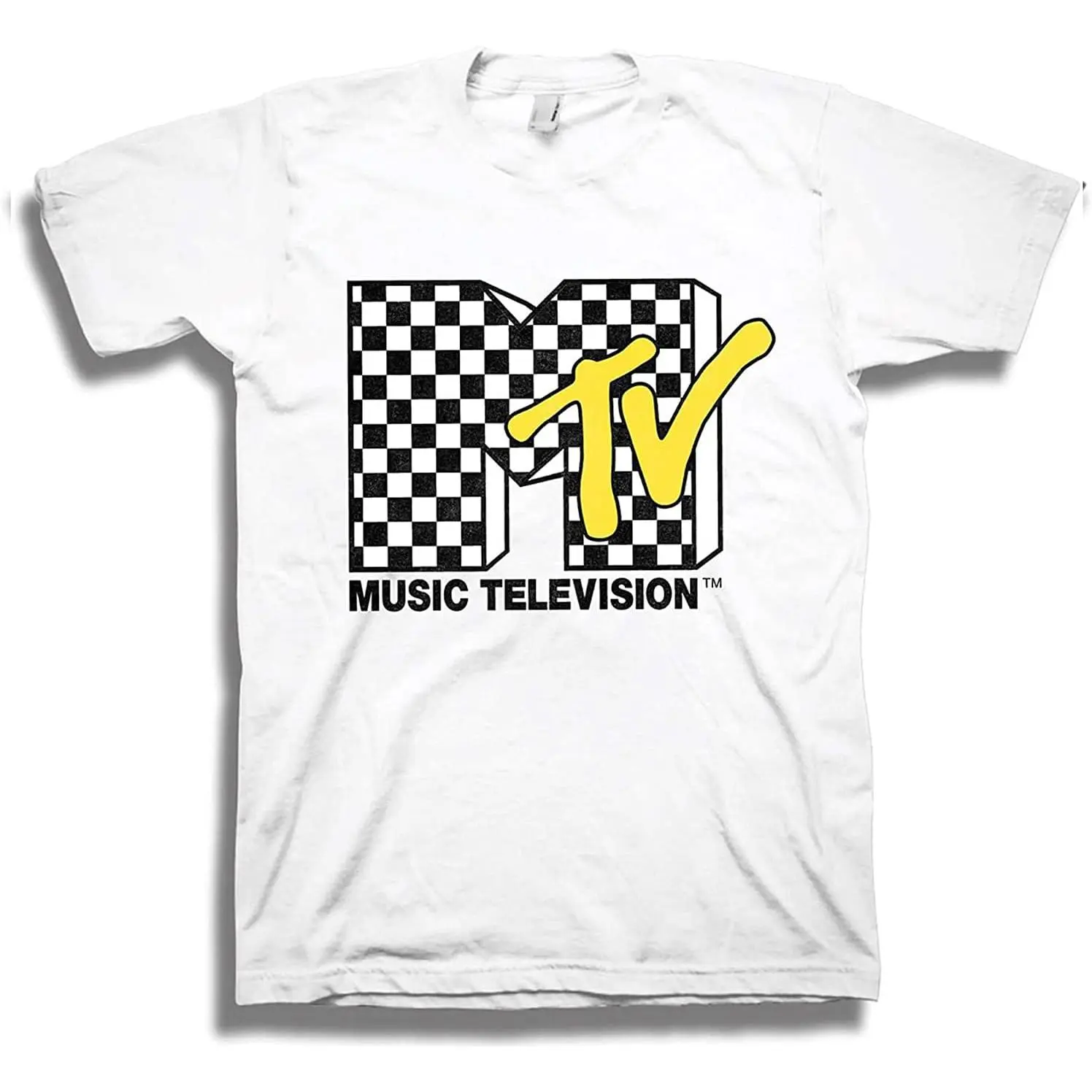 MTV Mens Checkerboard Graphic Tee - 1980's-1990's TBT Menswear Apparel, Shortleeve Cotton Fabric Prints, Unisex Casual Crewneck, I Want My Music Television, Comfortable Sports Top, Shortsleeve, Round Neck, Tops, Digital Print, Geometric, Retro Graphic