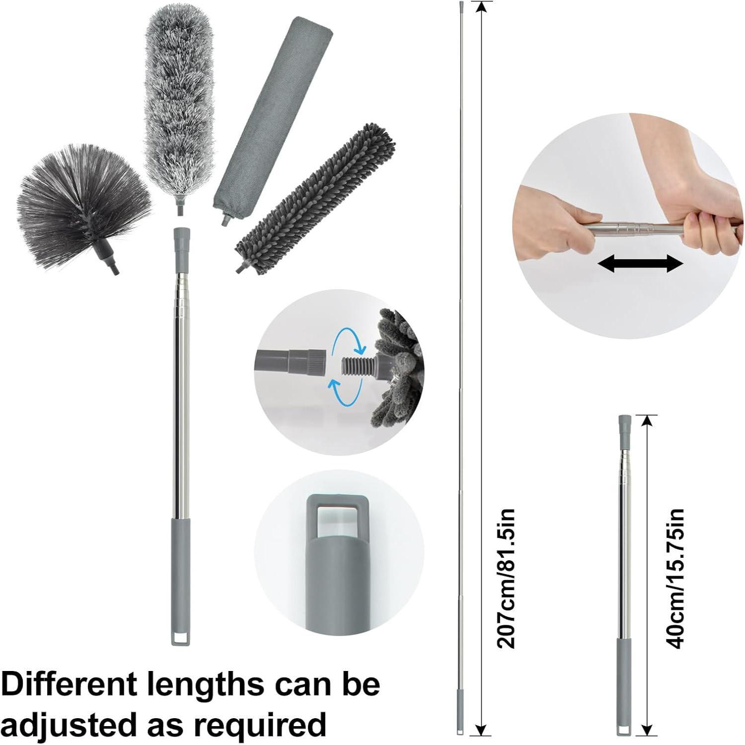 Extendable Feather Duster 4-Piece Set, 30-100 Inch Telescoping Pole, Bendable & Reusable, Perfect for High Ceilings, Fans, Lights, Blinds, Cars, Furniture