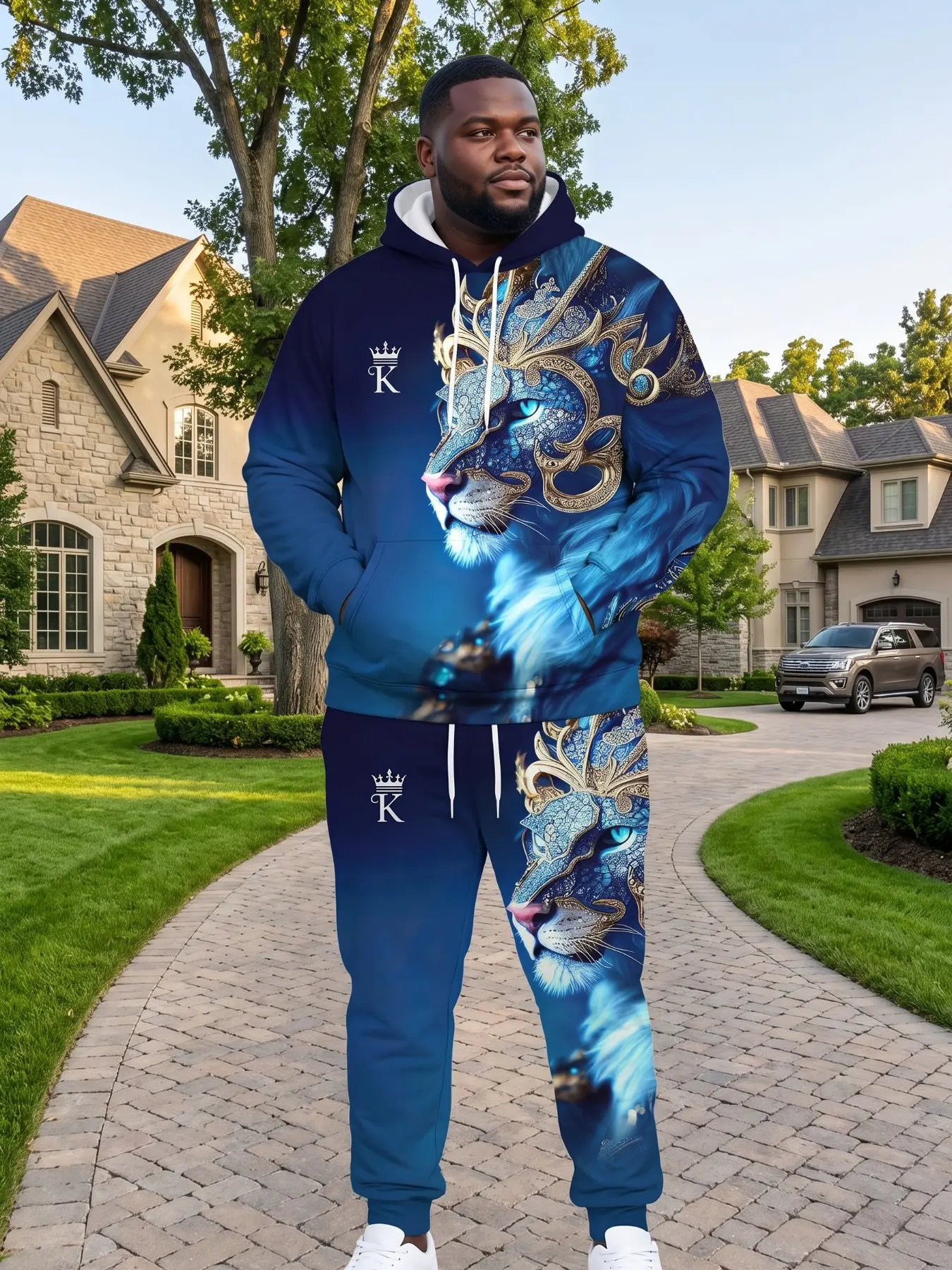 Men's Large Size Blue Gold Lion 3D Print Sweatshirt Set, Crown K Logo Gradient Lion, Luxury Bold Blue Lion Full Body Hooded Set