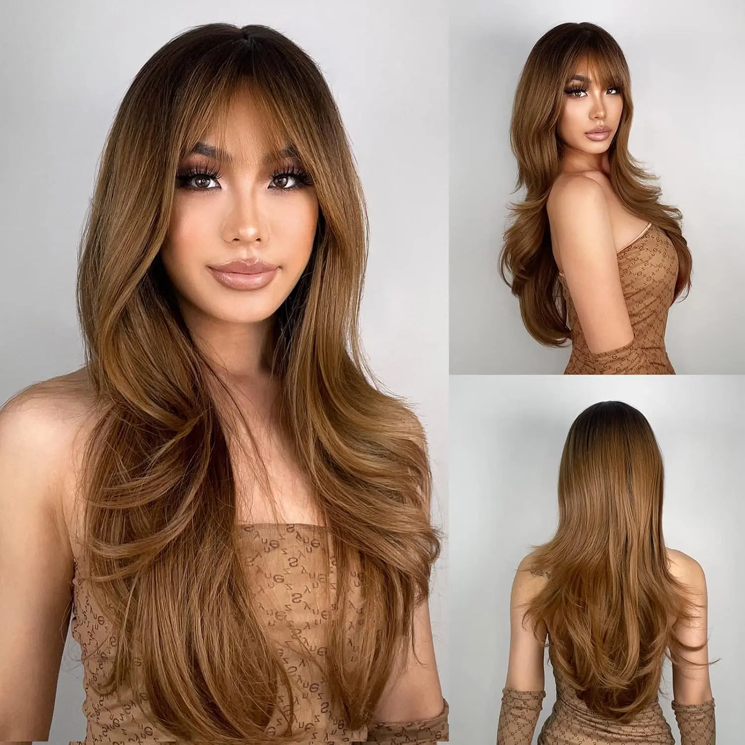 Light Brow Wigs for Wome Brow Wig with Bags 24‘’Ombre Brow Wig with Dark Roots Log Layered Wig Heat Resistat Sythetic Wig atural Lookig Wigs for Daily Party Use