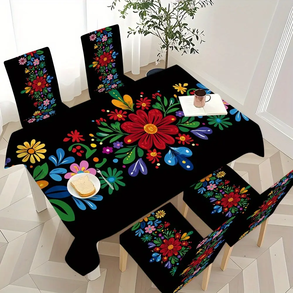 5pcs/7pcs Floral Tablecloth & Chair Covers Set, Elastic Dining Room Chair Covers, Home Kitchen Party Decor, Washable Reusable, All Seasons