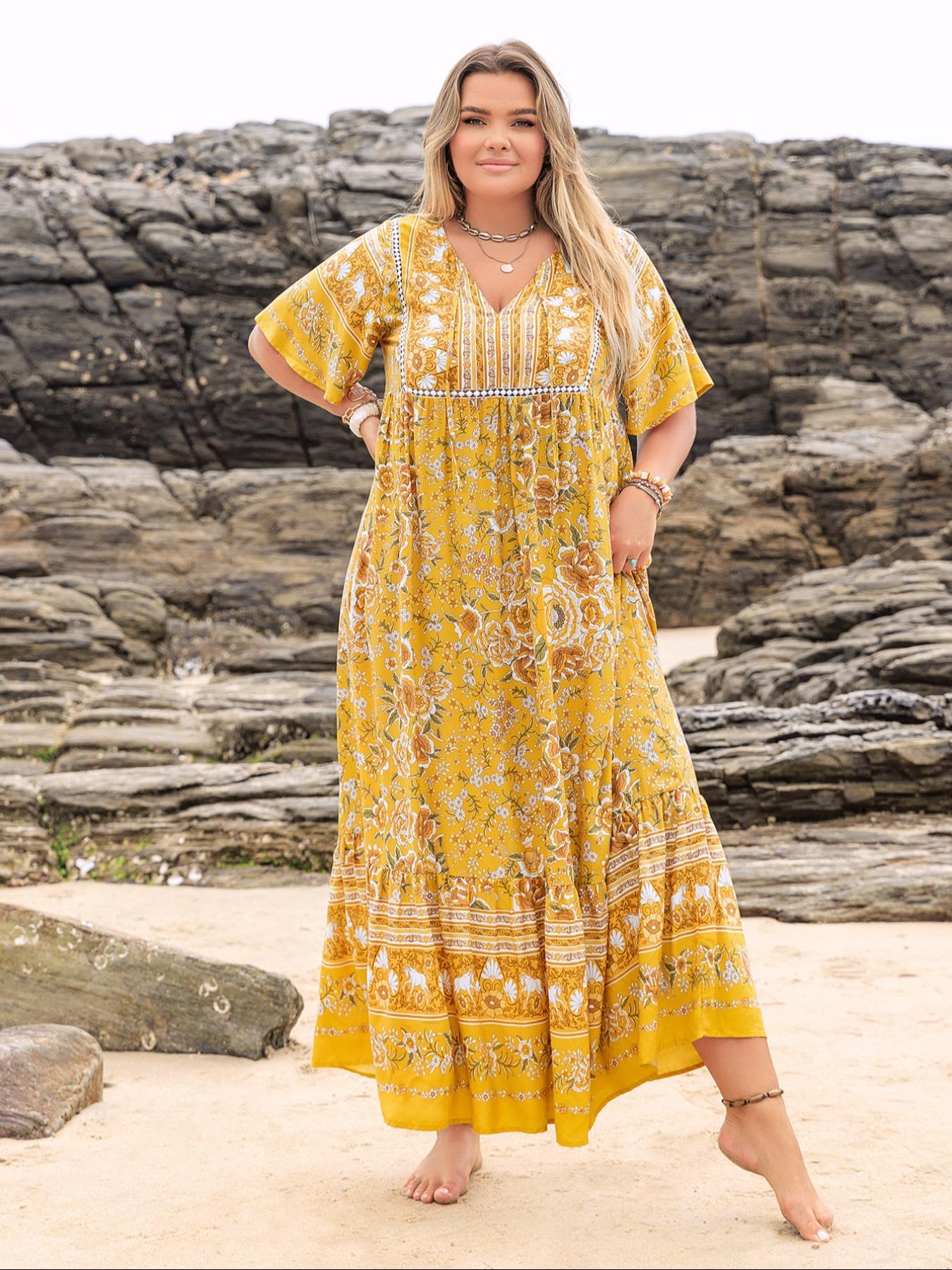 Plus Size Patchwork Floral Print Tie Neck Contrast Lace Ruffle Hem Long Dress, Boho Butterfly Sleeve Smock Dress, Ladies Summer Clothes for Vacation Plus Size Patchwork Floral Print Tie Neck Contrast Lace Ruffle Hem Long Dress, Boho Butterfly Sleeve Smock Dress, Ladies Summer Clothes for Vacation