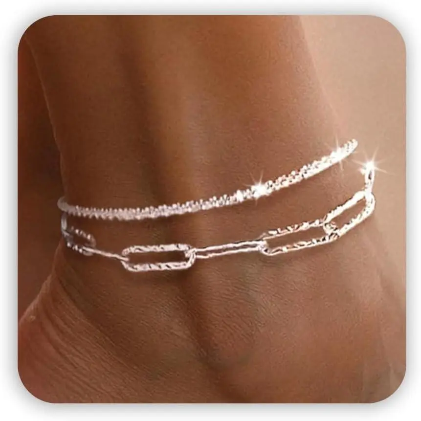 Sparkle Glitter  Ankle Bracelets for Women Trendy | Dainty Layered Anklet for Women Adjustable Womens Anklet Set Stackable Beaded Cuban Link Anklets Beach  for Women