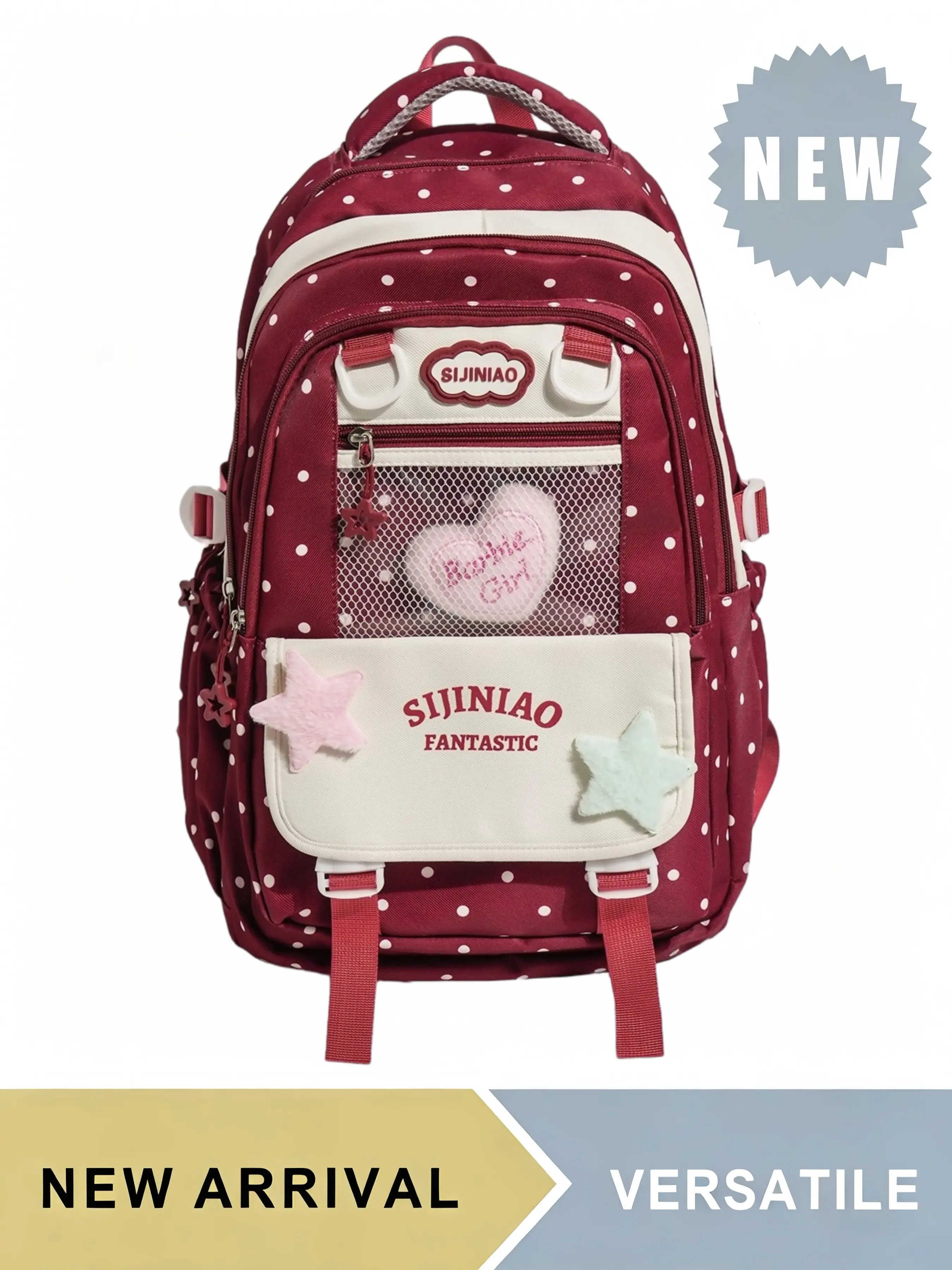 Polka Dot Kawaii Backpack for Teen Girls Middle High School Students, Versatile Backpack, Large Capacity Daypack with Star Decor Mesh Pocket & Padded Laptop Sleeve, Multiple Colors Available, for Daily School Travel Hiking Picnic Outdoor Activities