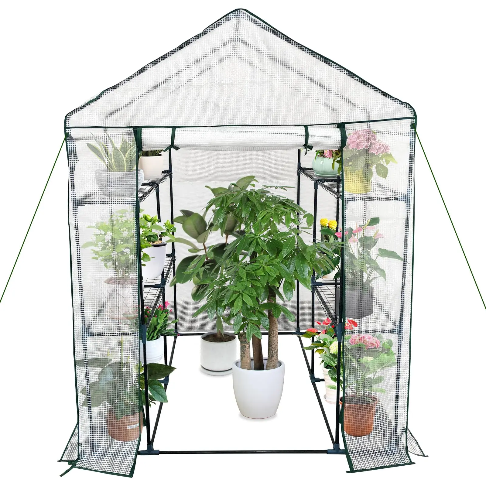 GARVEE Walkable Outdoor Greenhouse, 57 x 57 x 76 inches, Portable Greenhouse, 3-tier, 6 shelves, Door Anchored, Rope Greenhouse Set for Garden, Terrace, Backyard