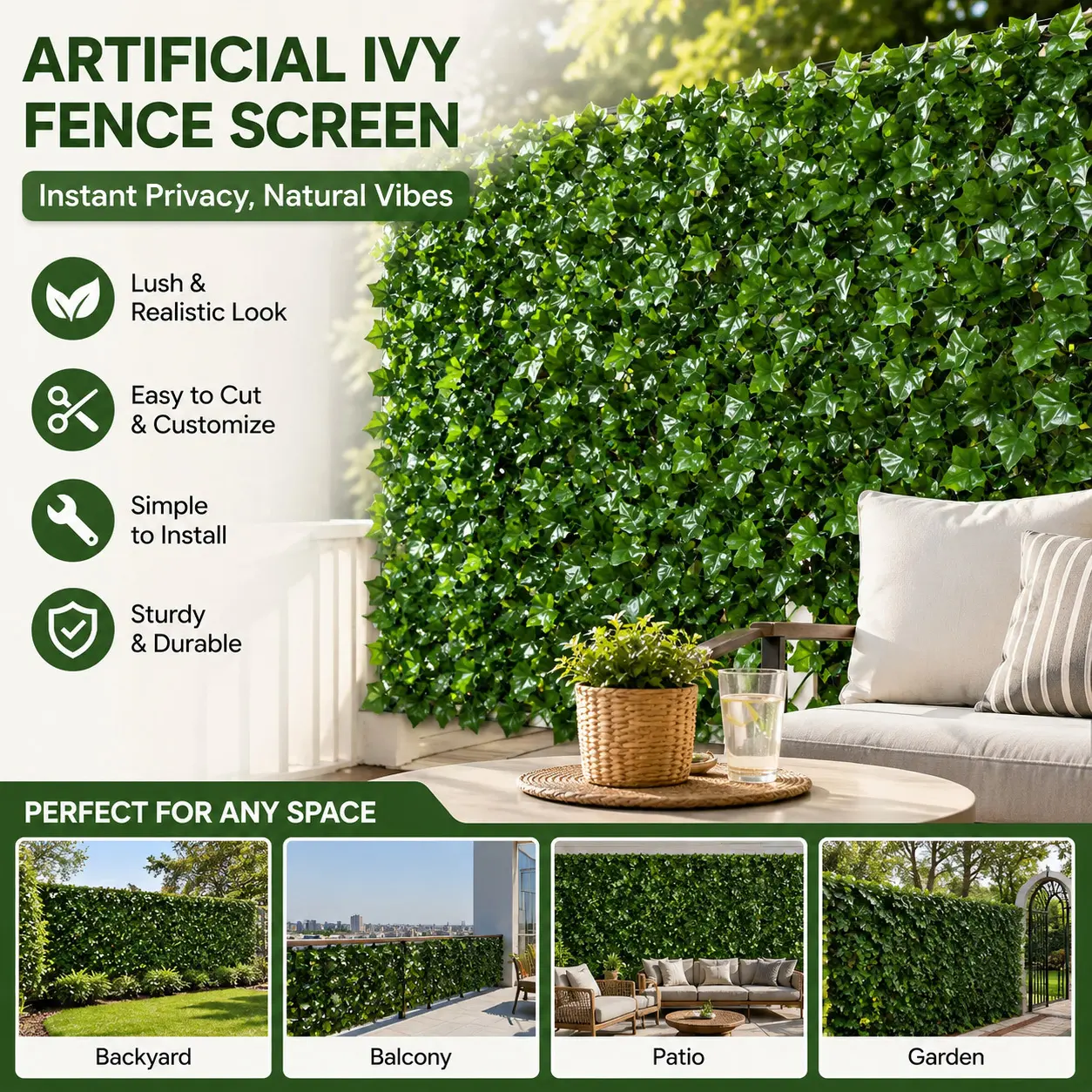 118.11 * 39.37inch-Large size simulated ivy privacy screen roll, artificial vine leaf fence board, artificial green plant wall covering, suitable for gardens, balconies, courtyards, backyards, fences and indoor home decoration