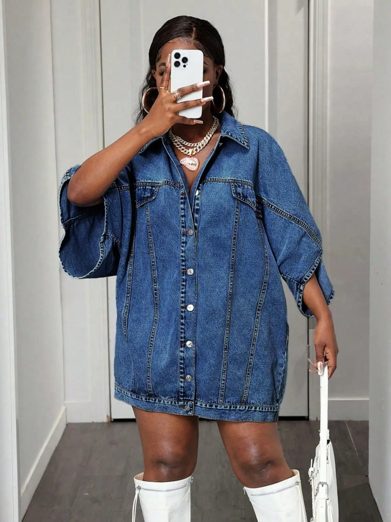 High Street Wide Neck Sleeveless Denim Drop Shoulder Dress, Symmetrical Loose Straight Tube Hiding Hip Washed Workwear Casual Denim Dress, Basic