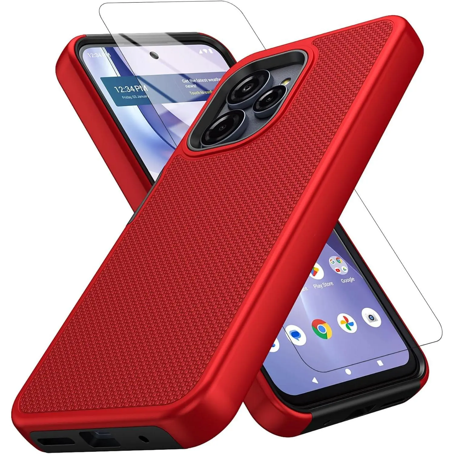 Dual-Layer Heavy Duty Protection Case for T-Mobile REVVL 8 Pro, Non-Slip Surface Drop-Proof Cover, Shockproof Phone Accessory with Screen Protector, Red