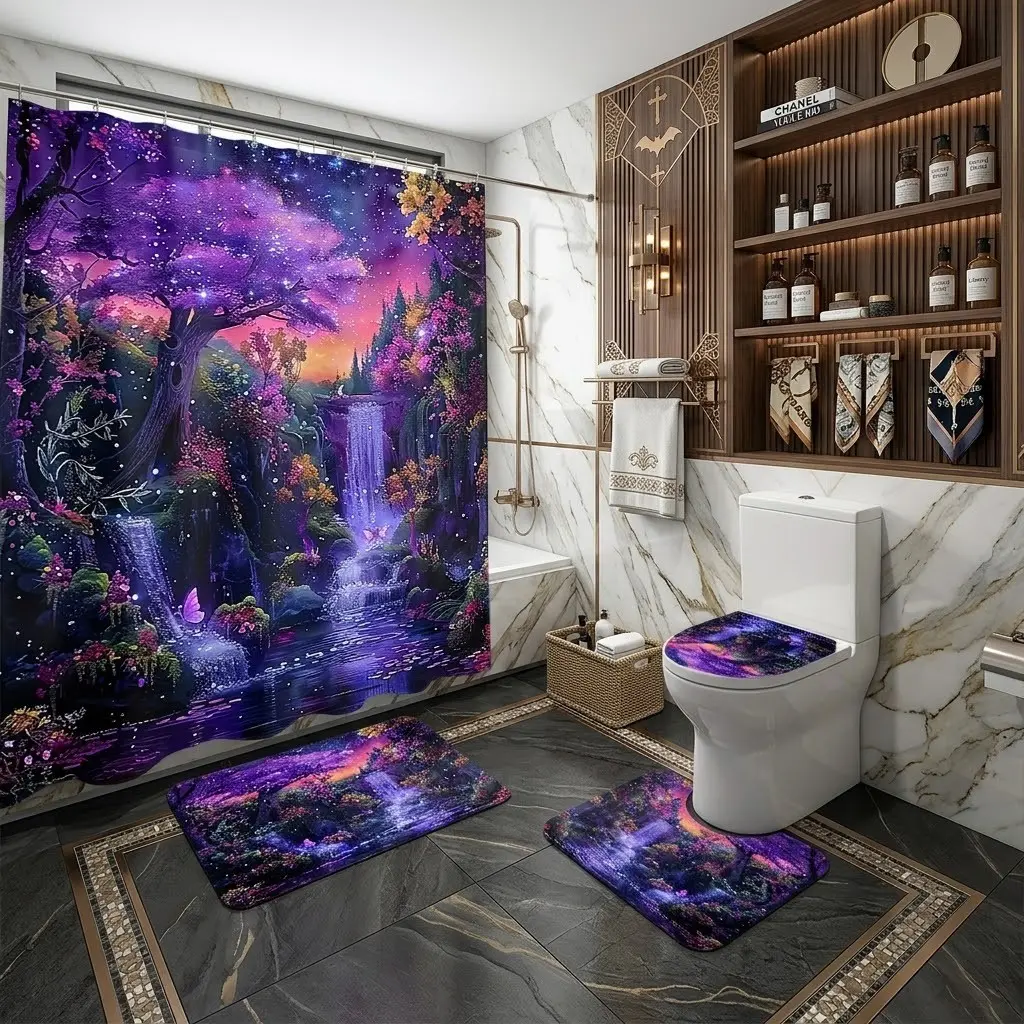 4pcs Magic purple glowing forest waterfall starry sky butterfly shower curtain set, dreamy fantasy neon natural scenery printed bathroom mat and toilet lid combo, thicker and softer mat fabric! Charming Halloween fun bathroom decoration