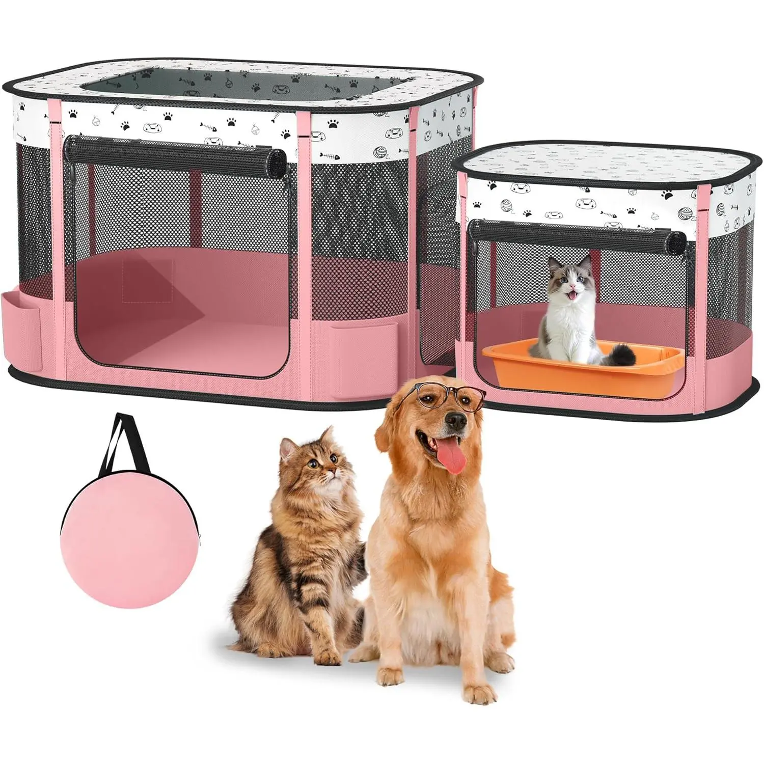 Portable Cat Playpen with litter box area, Foldable Pet Dog Playpen, for Kitten Puppy Play Pen Indoor/Outdoor, Cats Enclosure Cages Tent with Carrying Case, 600D Oxford 8-Rods, 32"x24"x22", Pink