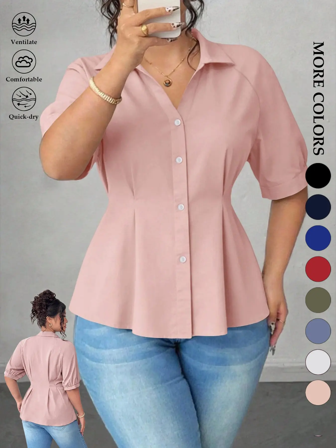 Women's Plus Size Tummy Control Peplum Blouse Short Puff Sleeve Button Down Shirt V-Neck Solid Black Cinched Waist Pleated Tops Office Workwear Business Casual Elegant Flattering Fit Daily Outfits Old Money Summer Viral