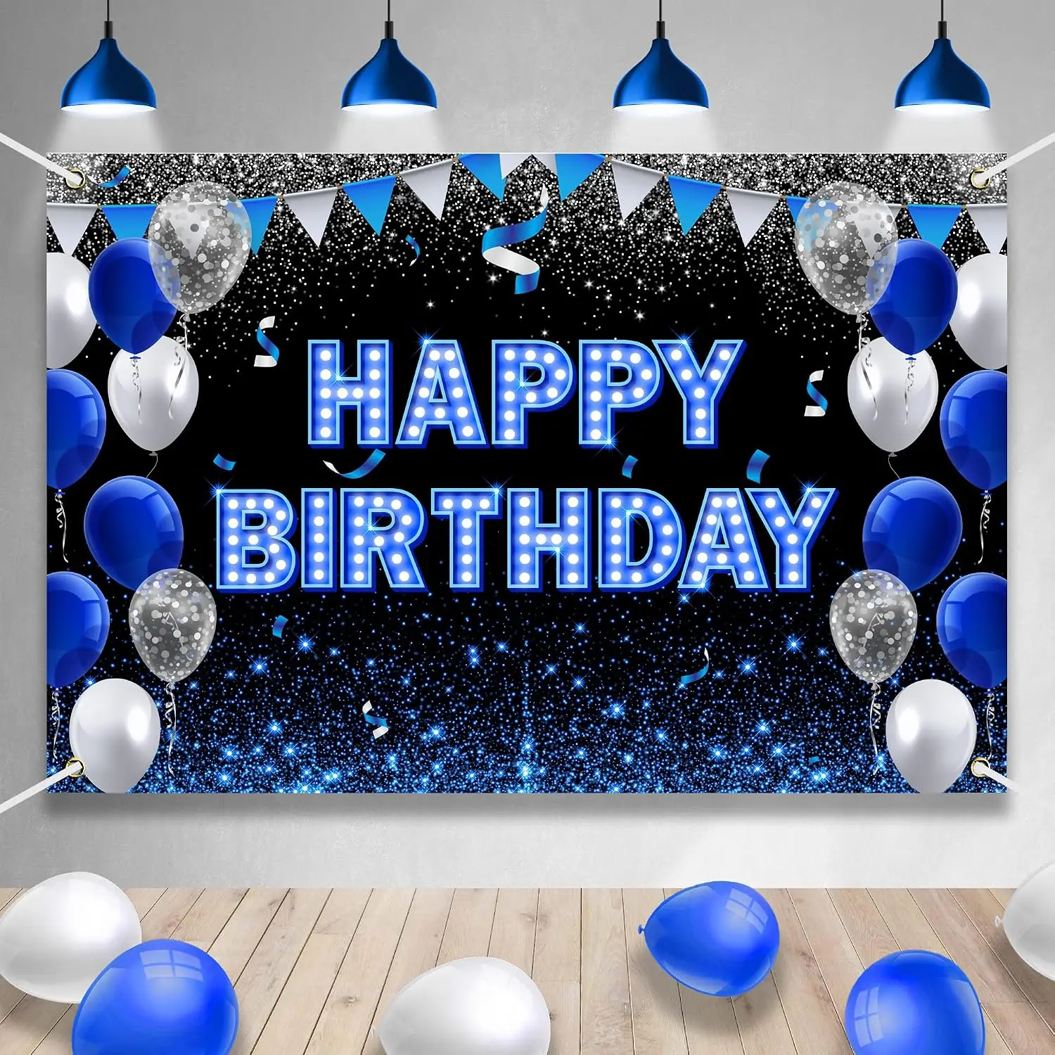 Large Happy Birthday Backdrop Banner Blue Black Theme Decor Blue Neon Light Shiny Fashion Birthday Party Photo Photography Prop Booth Background for Men Women Boys Girls Celebration 98.4x65in-