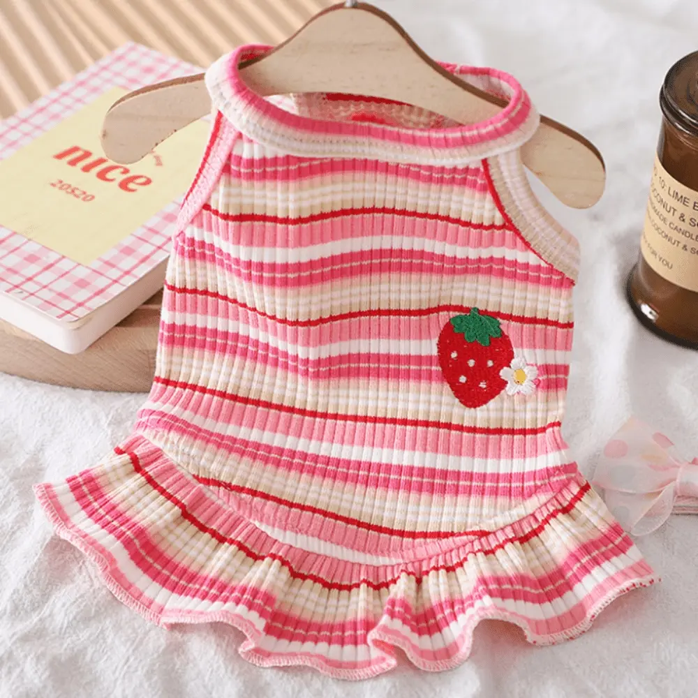 1pc Summer thin cute pet camisole vest, new embroidered strawberry camisole teddy bear cat camisole dress Clothing