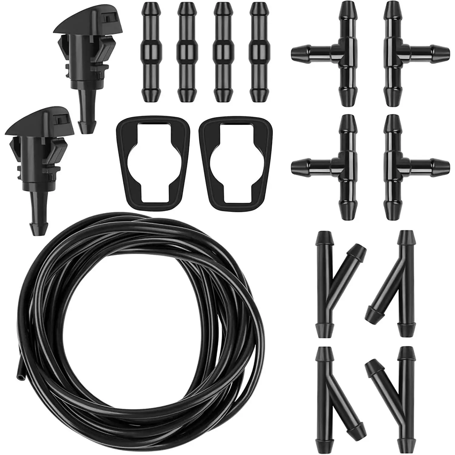 Windshield Washer Hose Kit, 5M Flexible Rubber Tube with 12-Connector Pack, 2 Fan Nozzles, 2 Rubber Gaskets, Connects Water Pump to Nozzles for Cars/SUVs to Clean Windshields, Flexible Hose