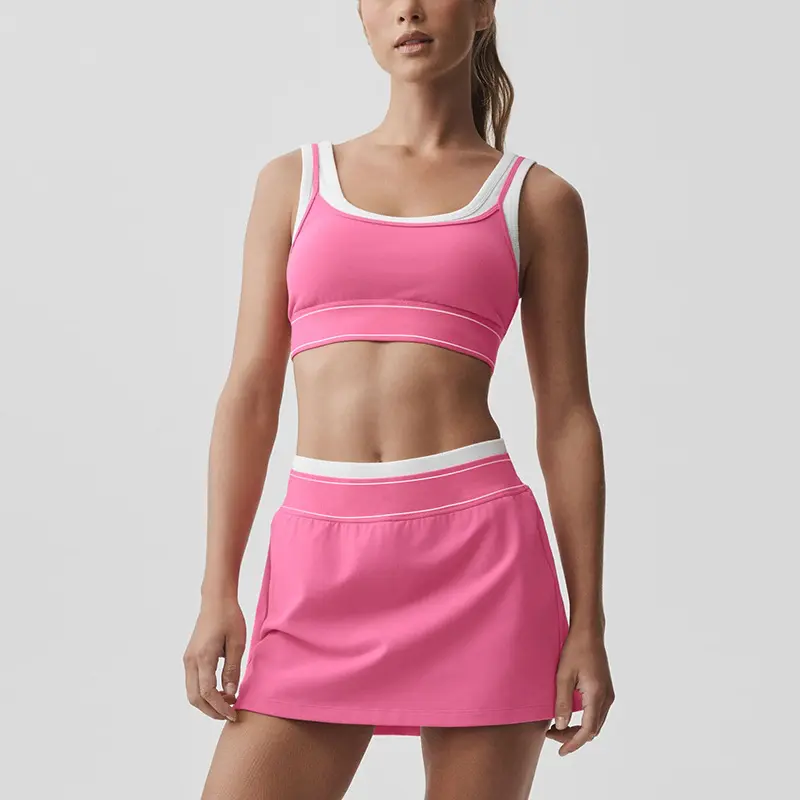 Women New Fake Two-Piece Color Block White Strap Sports Bra Tennis Skirt Yoga Outfit Set High Waist Slim Running Fitness Tracksuit Breathable Quick Dry Workout Tank Top Mini Skirt Bodybuilding Athletic Matching Suit For Gym Training Daily Wear