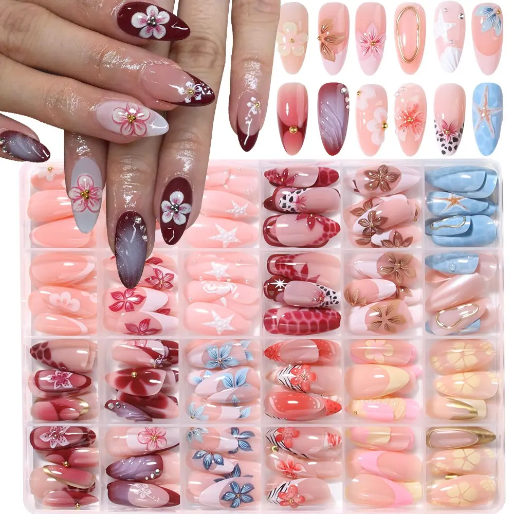 288pcs Almond Shape Press-On Nails, Multi-Color Floral Design, Medium Size, Acrylic Material, Perfect for Daily Use & Parties