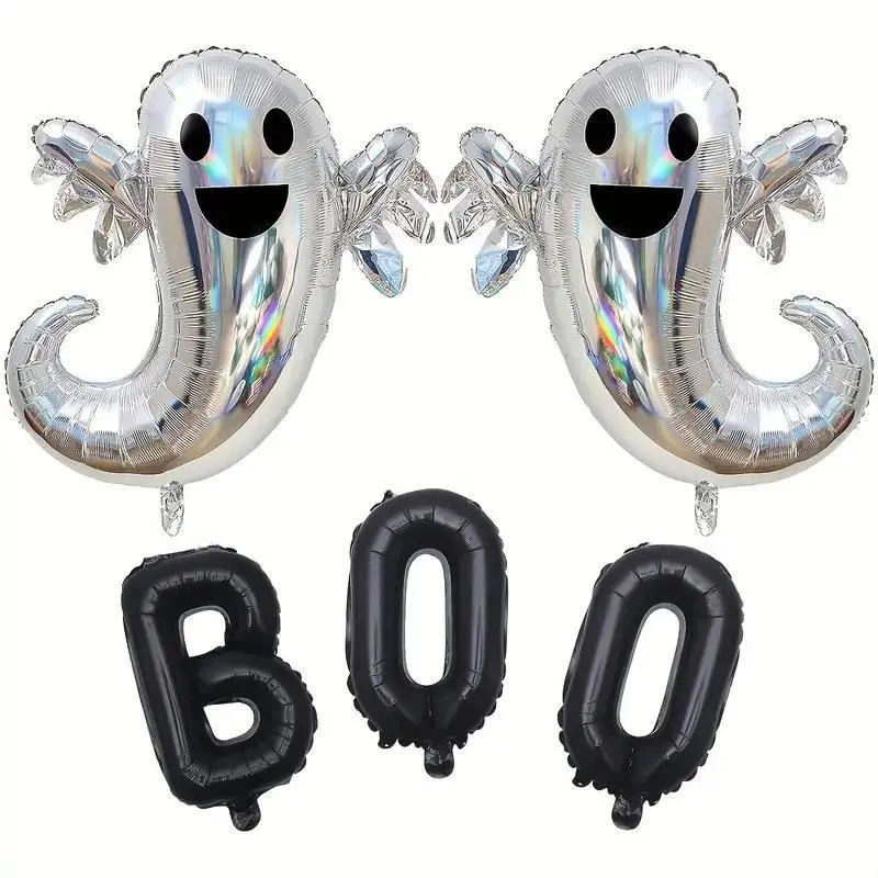 Halloween Laser Ghost Aluminum Foil Balloons, 5 Pieces Set, Party Decoration Supplies, Birthday Halloween Event Decorations