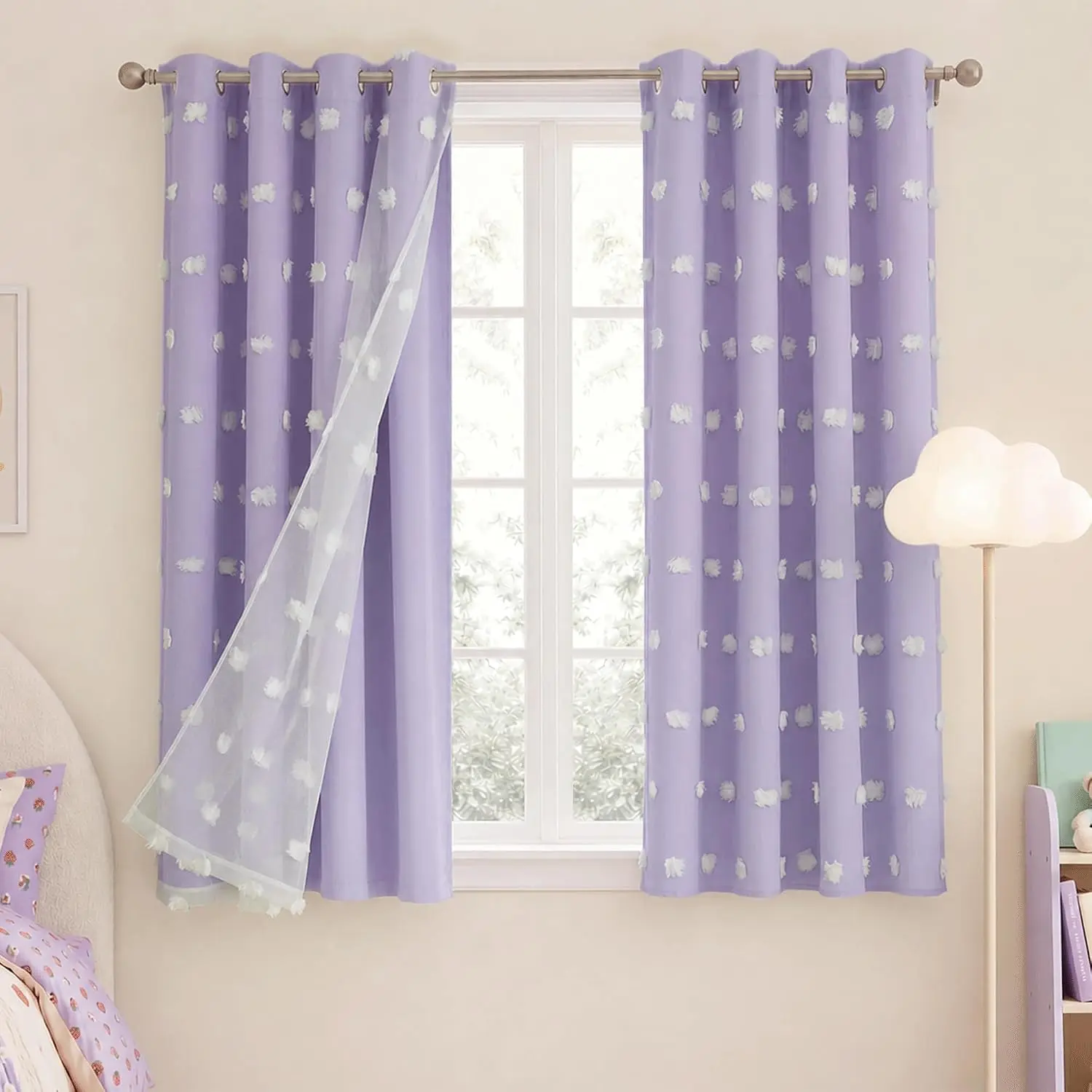 NICETOWN Pom Pom Room Darkening Curtains, Double Layer Sheer Fabric Window Treatments for Girls Bedroom, Thermal Insulated Drapes, Girls Bedroom Curtains, Girly Bedroom Inspo, Child-Friendly