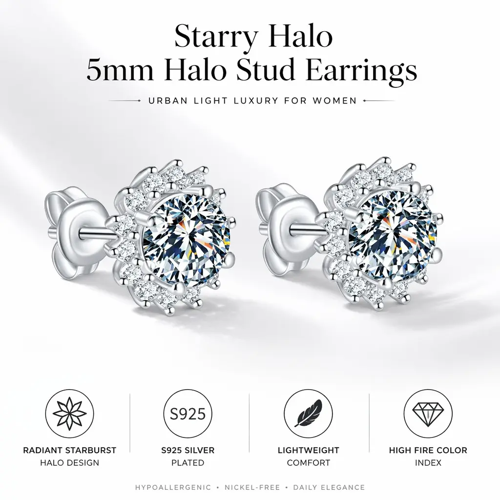5mm Halo CZ Stud Earrings for Women, S925 Silver Plated Hypoallergenic Round Starry Halo Earrings, Lightweight Iced Out Sparkling Cubic Zirconia Minimalist Jewelry, Nickel Free Tarnish Resistant Dainty Studs for Daily Wear Wedding Party Birthday