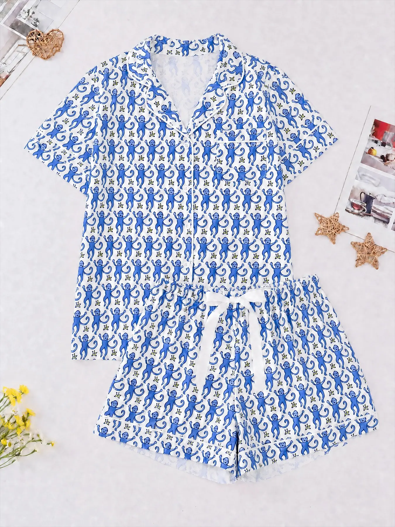 Women's Cartoon Monkey Print Pajama Set, Short Sleeve Fitted Top with Pocket, Loose Shorts, All Seasons, Comfortable Home Wear Loungewear