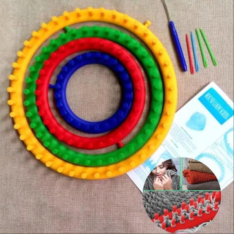 Knitting Loom Set - 4 Round Looms, 1 Hook, 2 Plastic Needles, DIY Knitting Tools for Blankets, Hats, Socks, Scarves, Knitting Projects, Ideal for Beginners, Knitting Kit