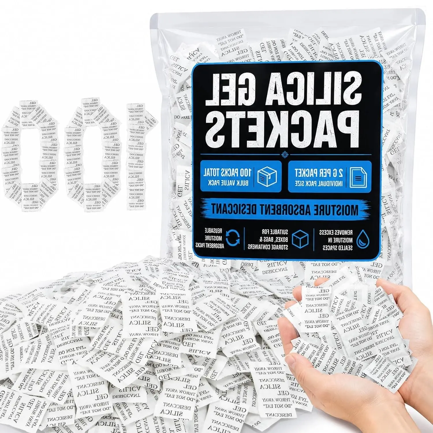 100 Pack 2g Silica Gel Desiccant Packets - Reusable Moisture Absorbers for Storage, Closet, Clothes, Shoes, Car, Jewelry, 3D Filaments, Electronics Anti-Humidity ProtectionGift