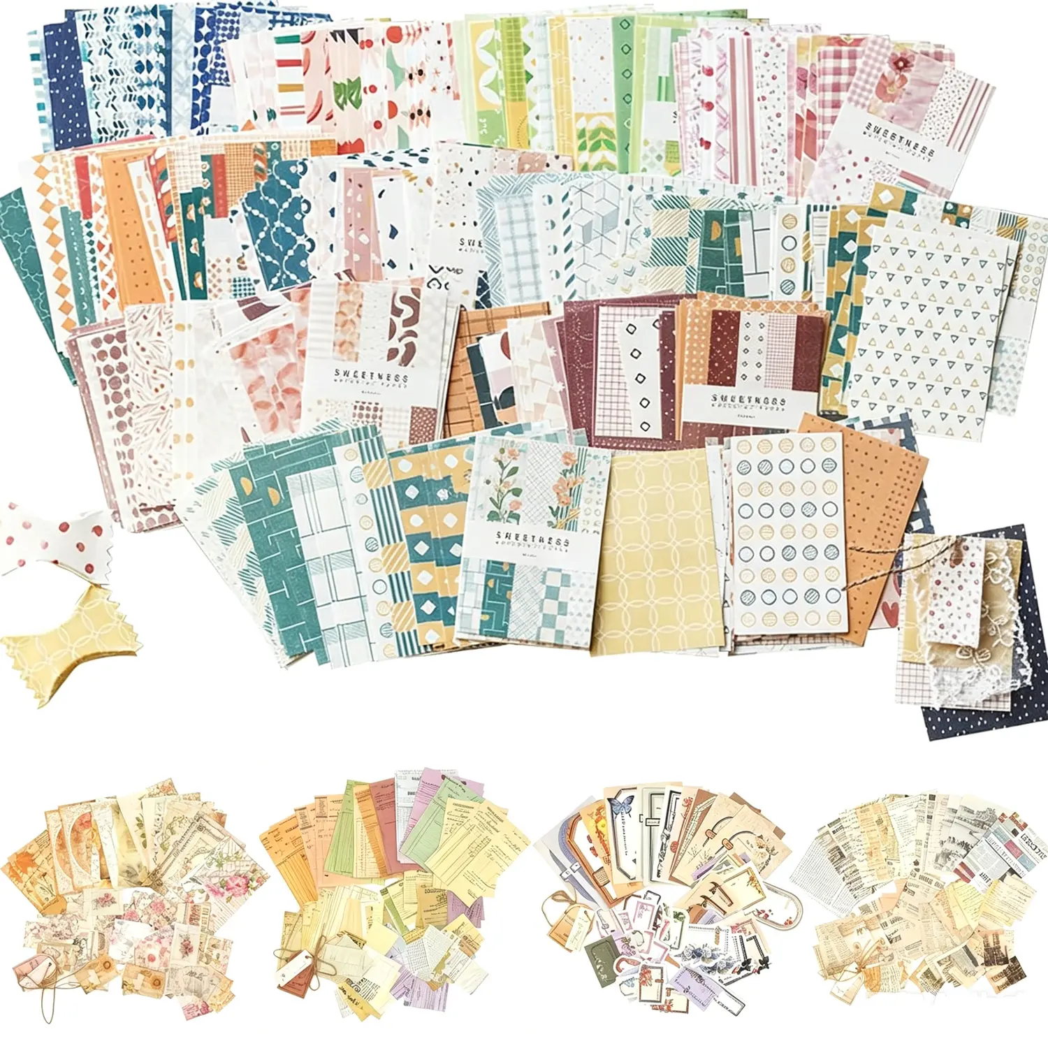 900Pcs Vintage Scrapbook Paper & Ephemera Stickers Set, Floral Plaid Grid Decorative Background Paper, Retro Junk Journal Supplies for DIY Album Planner Card Making Craft Embellishments, Handmade Paper, Premium Craft Paper