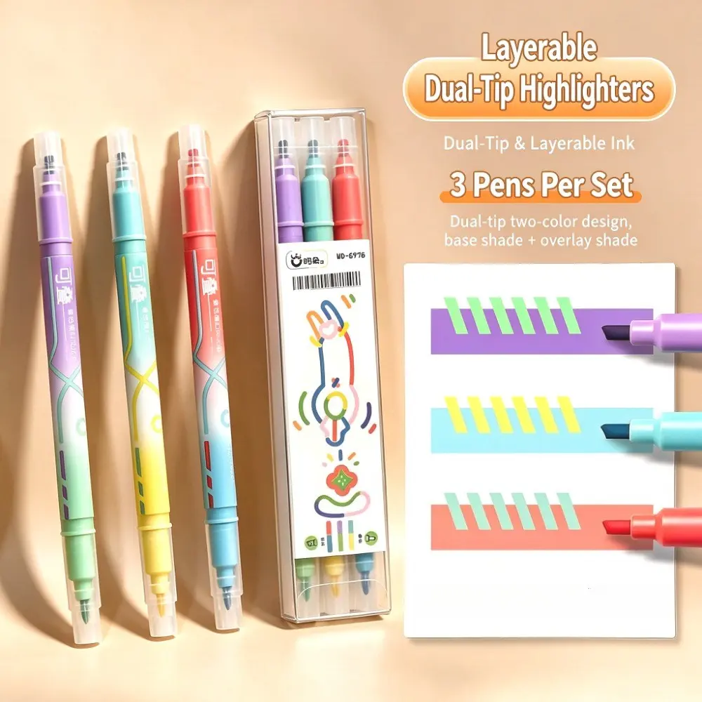 3pcs Dual-Head Fluorescent Pens, Erasable, Layering, Color-Changing, Maroon Colors, Cartoon Gift Box, Student Supplies, Smooth Drying