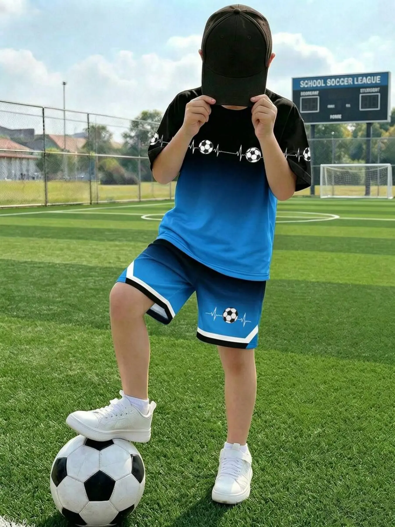 Boys' Blue Gradient Heartbeat Football Set, Casual Slim-Fit Tee & Shorts, Ideal for School Sports, Summer Camp, Outdoor Activities