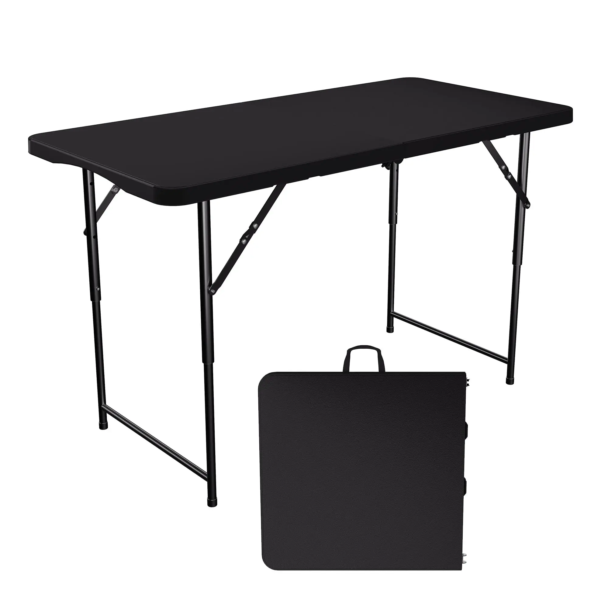 4ft Heavy Duty Rectangular Folding Table, HDPE Top Indoor & Outdoor Use - Portable with Carry Handle, 3 Adjustable Heights, Sturdy 400 lbs Capacity Metal Frame (White+Gray Spray Plastic/Black+Black Spray Plastic), Height Adjustable Desk, Basic Fold