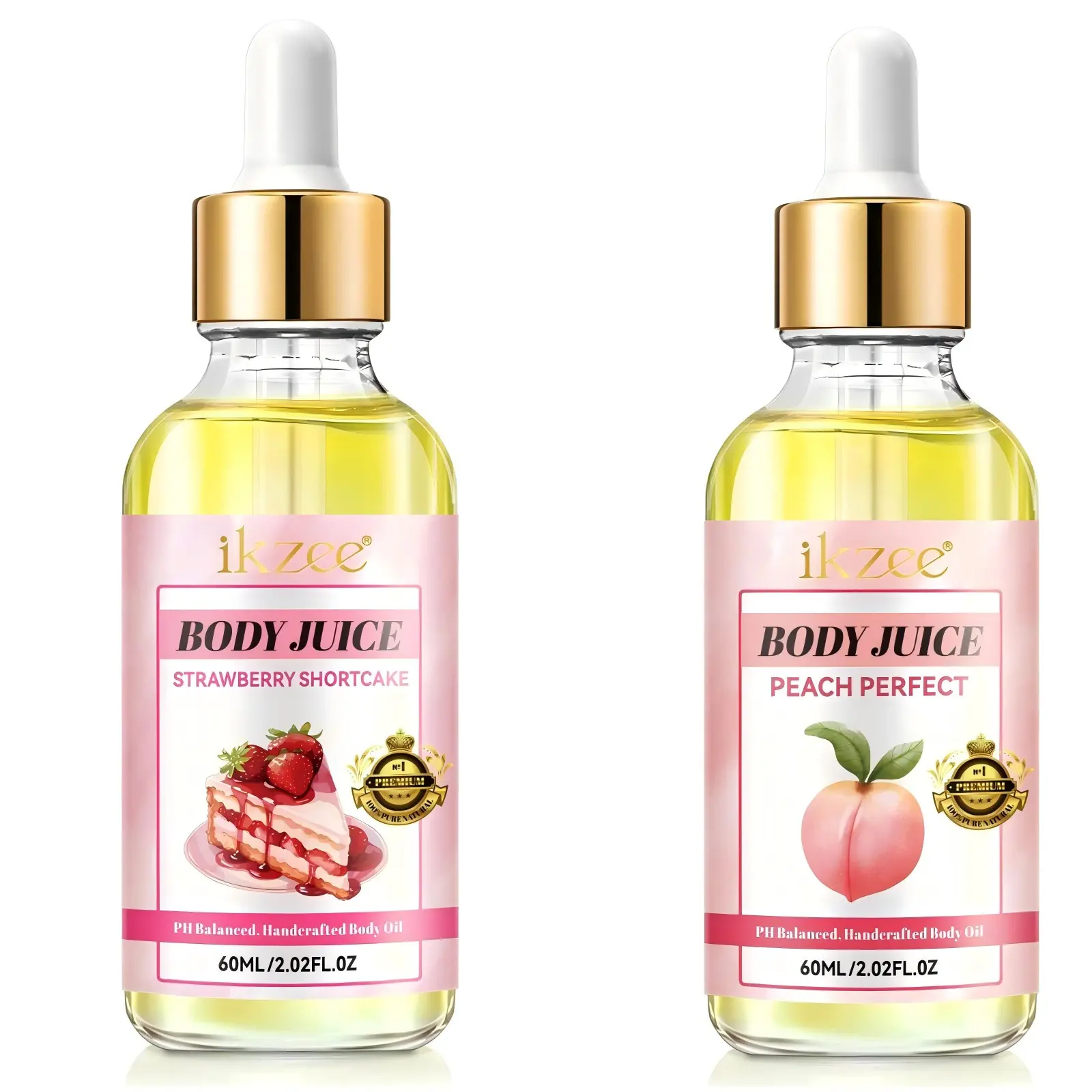 [Buy One Get One Free] IKZEE Body Juice Oil 60ml*2, Strawberry Crispy Scent + Perfect Peach Scent, 2-Bottle Pack, Fresh Fruity Body Oil, Lightweight and Easy to Apply, Suitable for Daily Body Care
