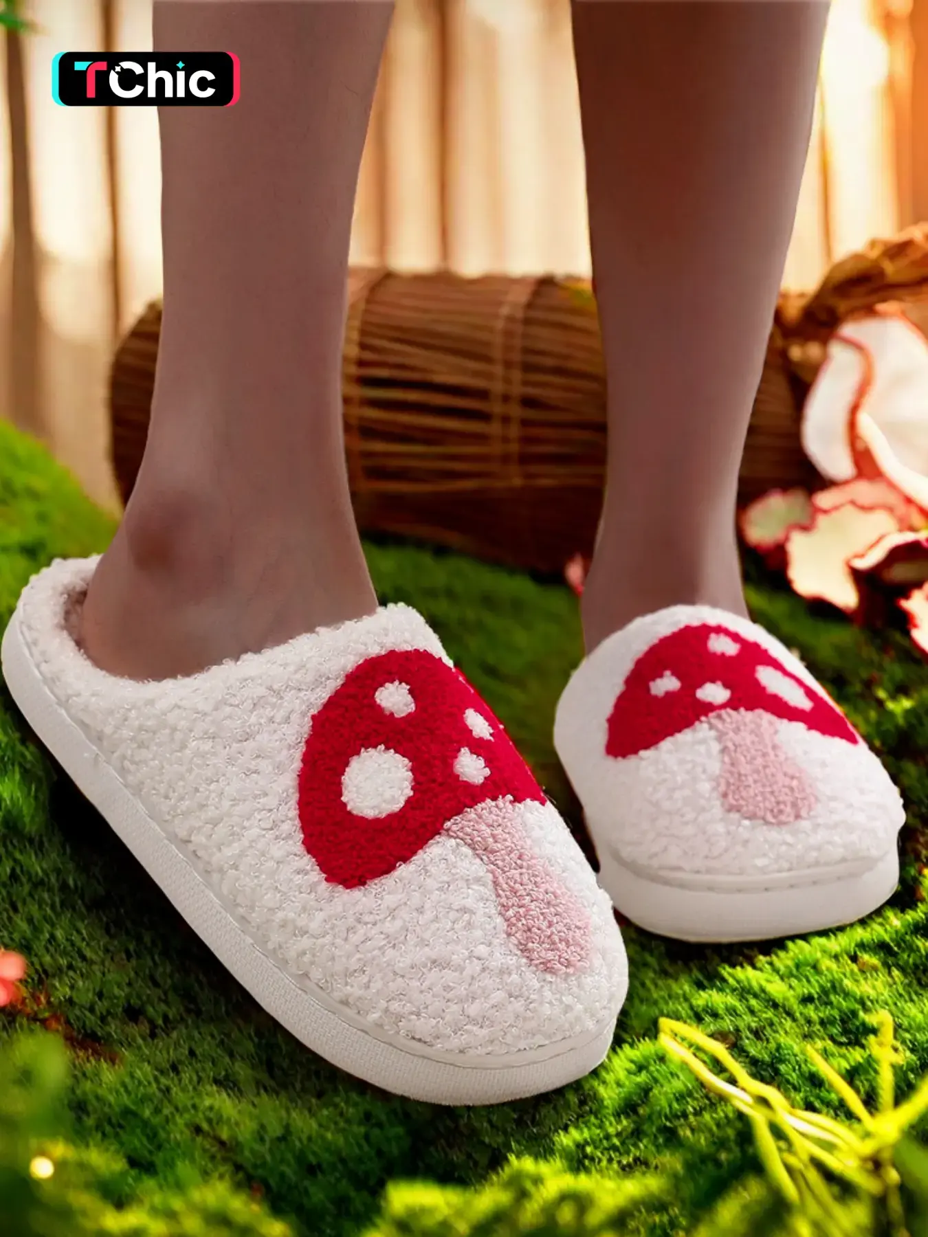 Women's Cute Mushroom Embroidery Plush Cozy House Slippers, Trendy Casual Soft Comfortable Home Slippers, Warm Home Shoes for Indoor & Outdoor Use for Fall & Winter, Footwear