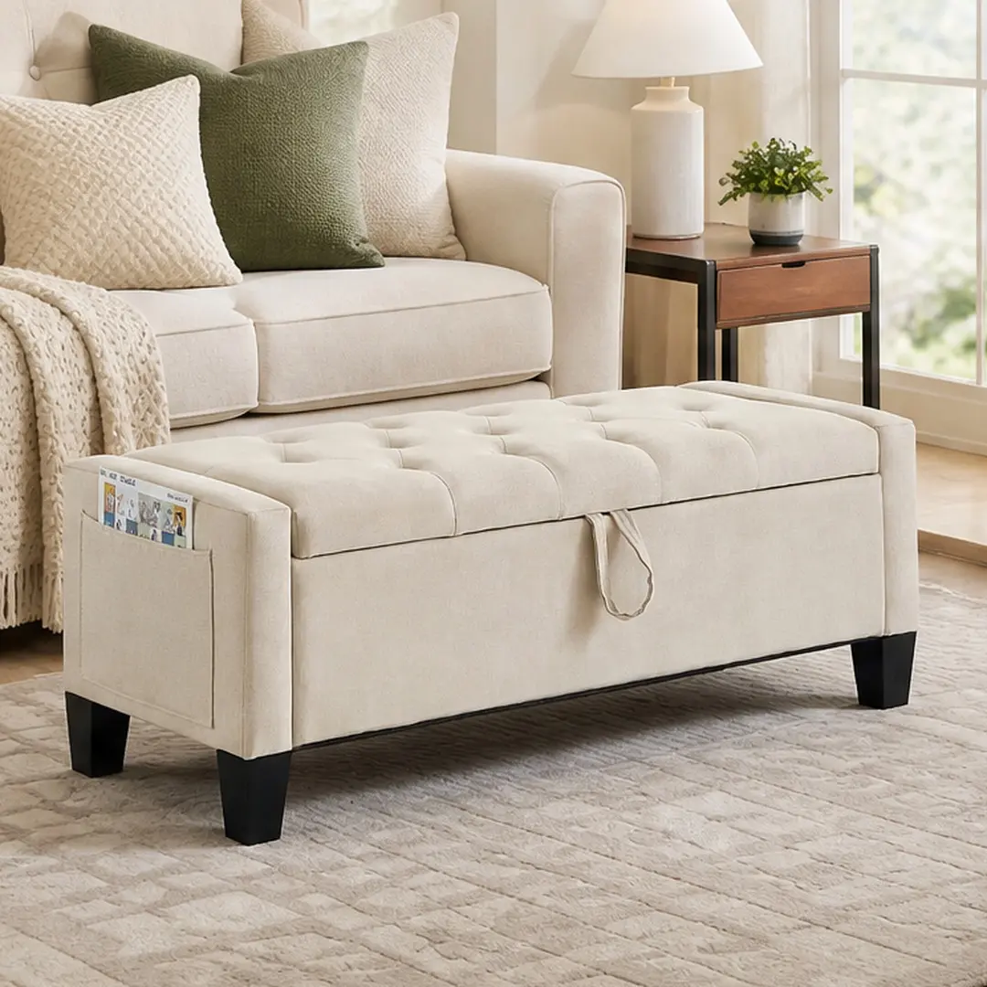 ARCH Linen Fabric Rectangle Tufted Diamond Stitch Ottoman Bench with Storage - Solid Wood Frame, Foam Cushion, Safety Hinge, 350 lbs Load, Storage Trapdoor, 17x45x17 in, 17 in Seat Height, Quick Set-Up, Spot Clean, Multi-Purpose for Entryway/Bedroom, Otto