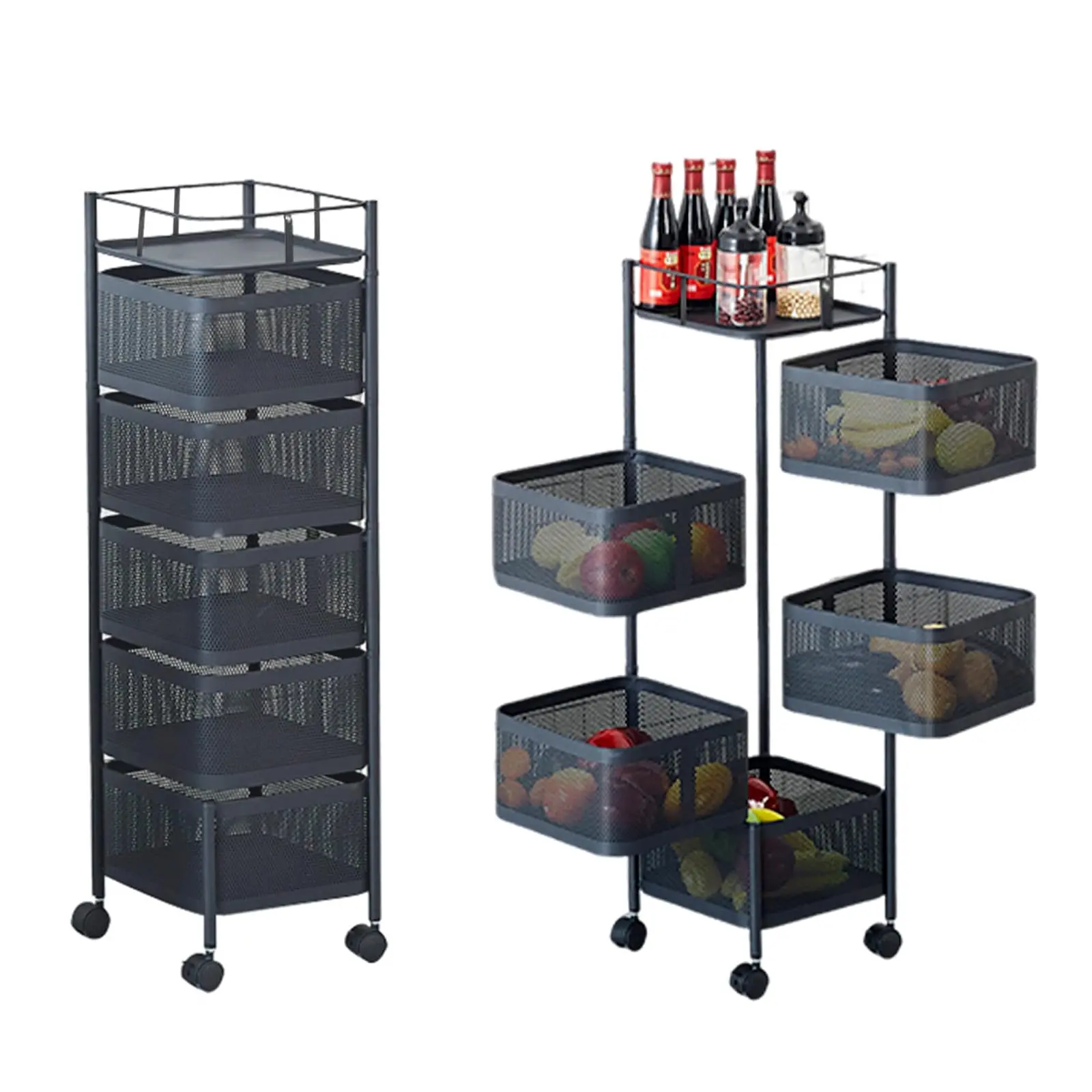GARVEE Minimalist Compact Space-Saving Rotating Kitchen Storage Cart – 6-Tier Metal Mesh Organizer with Lockable Wheels, Breathable Shelves, Easy Installation, Ideal for Fruits, Vegetables, Baking – White, Black