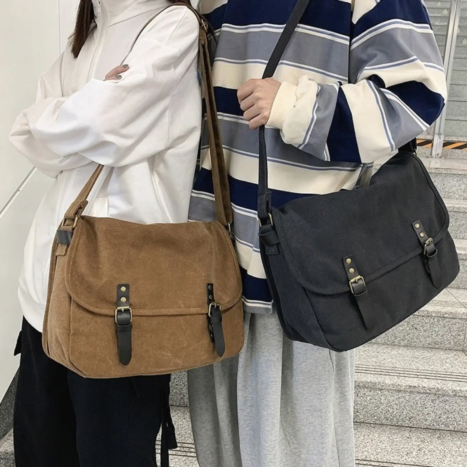 Vintage Canvas Messenger Bag, Retro Harajuku Crossbody Shoulder Bookbag, Large Casual Satchel for College Student Men Women School Travel Work