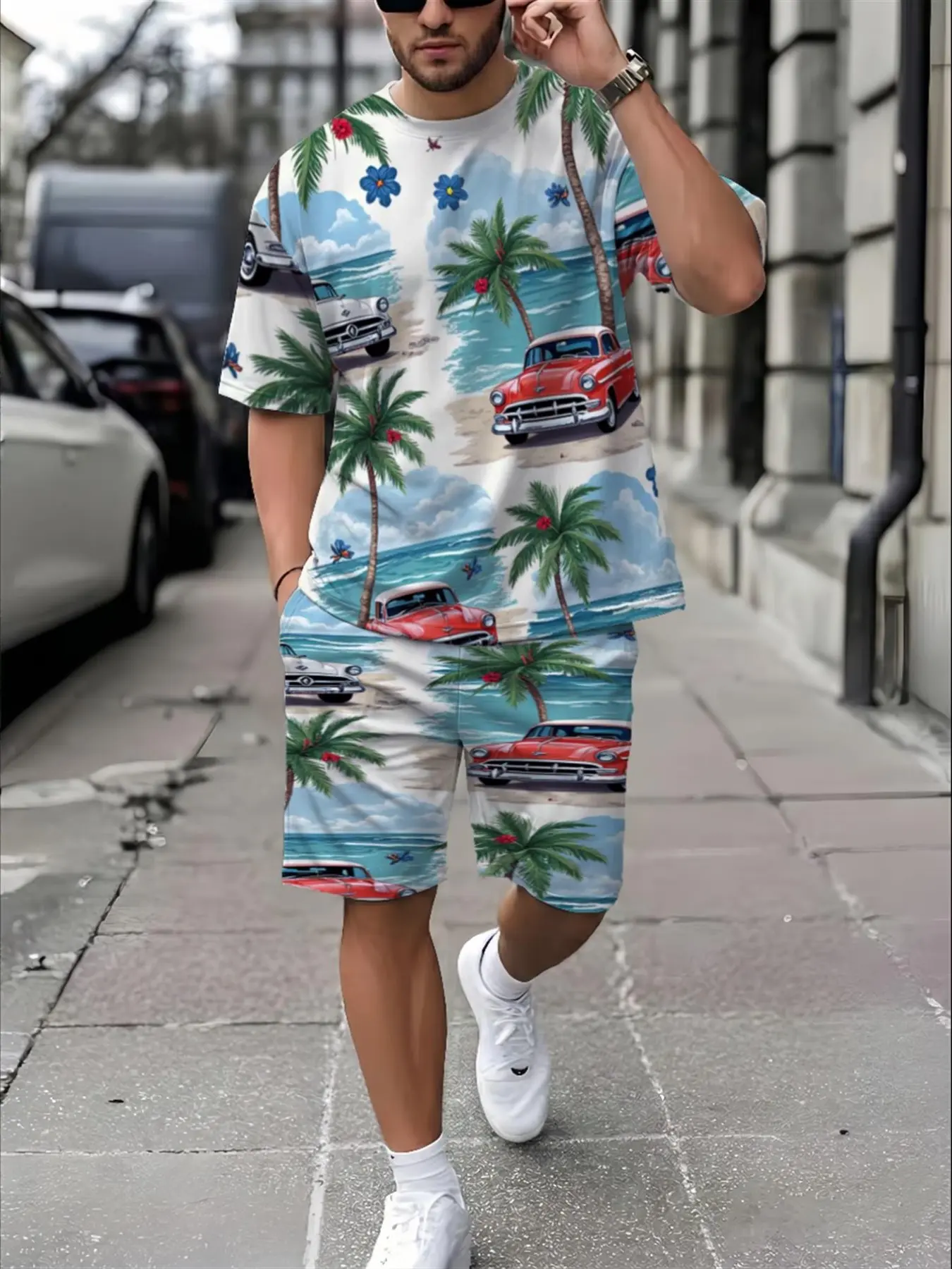 Men's Retro Summer Two-Piece Set, Short Sleeve T-Shirt and Shorts, Vintage Coastal Theme, Geometric Print, Breathable Fabric, Casual Outdoor Wear