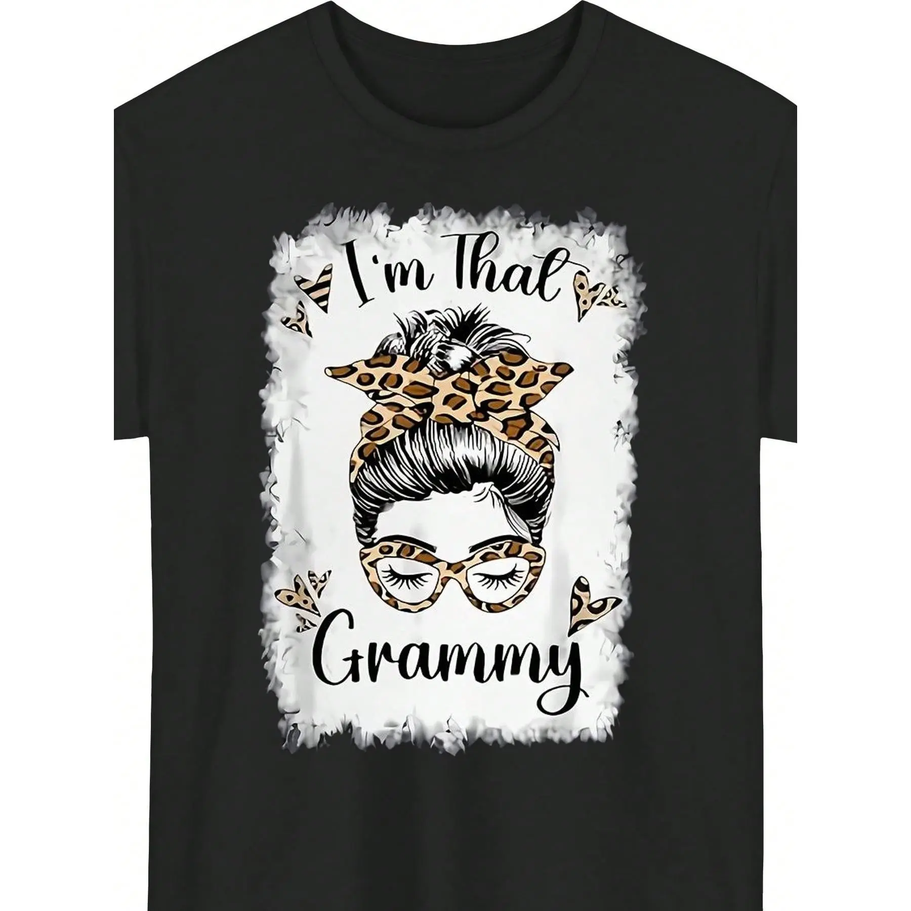 Women's 100% Cotton Soft Knitted Sports Top, Round Neck Short Sleeve Pullover with "I'm That Grammy" Leopard-Floral All Over Print, Breathable Regular Length, Machine Wash, Do Not Dry Clean, Wash with Soft Detergent, Machine Wash, Do Not Dry Clean,Wash Wi