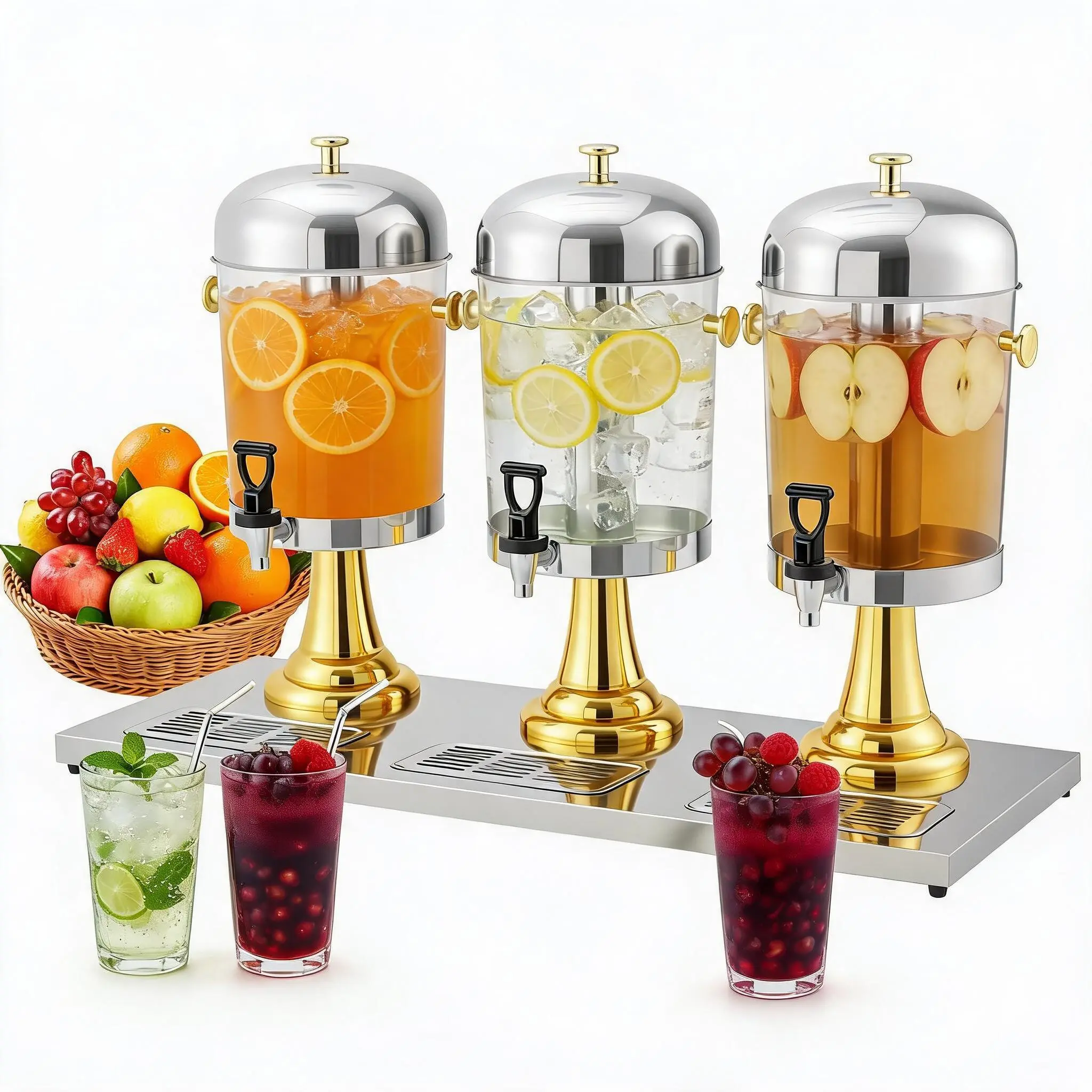 Commercial Drink Dispenser with Ice Core Gold/Silver Stainless Steel Stand Spigot Drip Tray Juice Tea