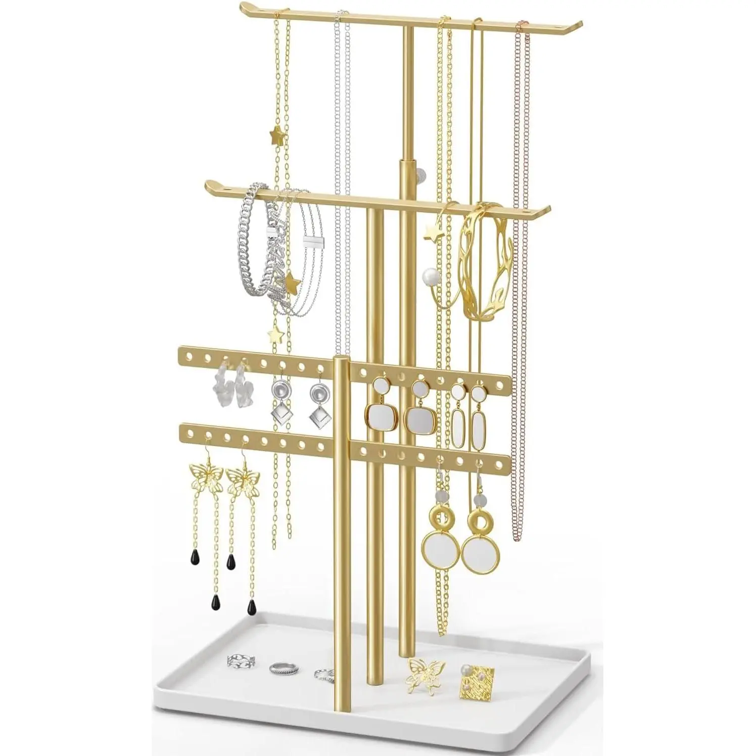 Holder Organizer Stand - Adjustable  Tree 17.5" Height (Max), Jewlery Hanger for Necklaces, Bracelets, Earrings, Aesthetic for Storage and Display, Metal,  and White