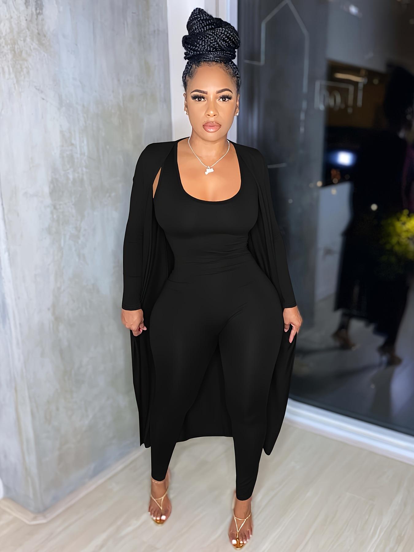 Two-piece Set Women's Solid Open Front Long Sleeve Longline Outwear & Skinny Jumpsuit, Casual Fashion Cozy Outfits for Daily Outdoor Wear, Women Clothes for Fall & Winter, Solid Color Jumpsuits