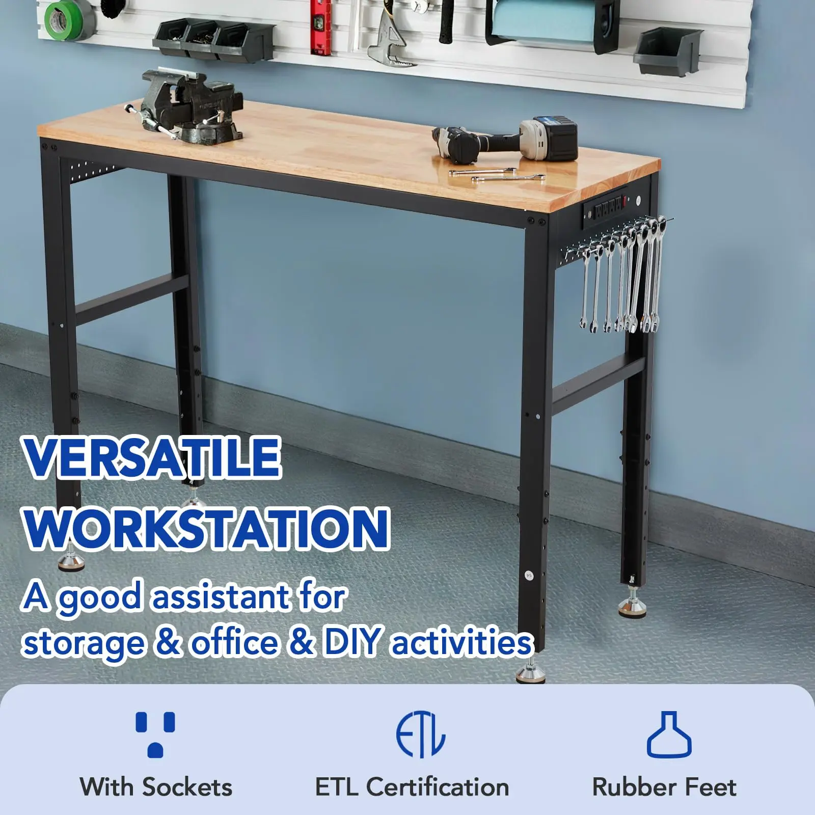 Adjustable Heavy Duty Workbench 60"x20" – 2000 lbs Capacity, Sturdy Wood Top, Built-In Power Outlet, 5 Height Settings, Lockable Wheels, Ideal for Garage, Workshop, Home, Office