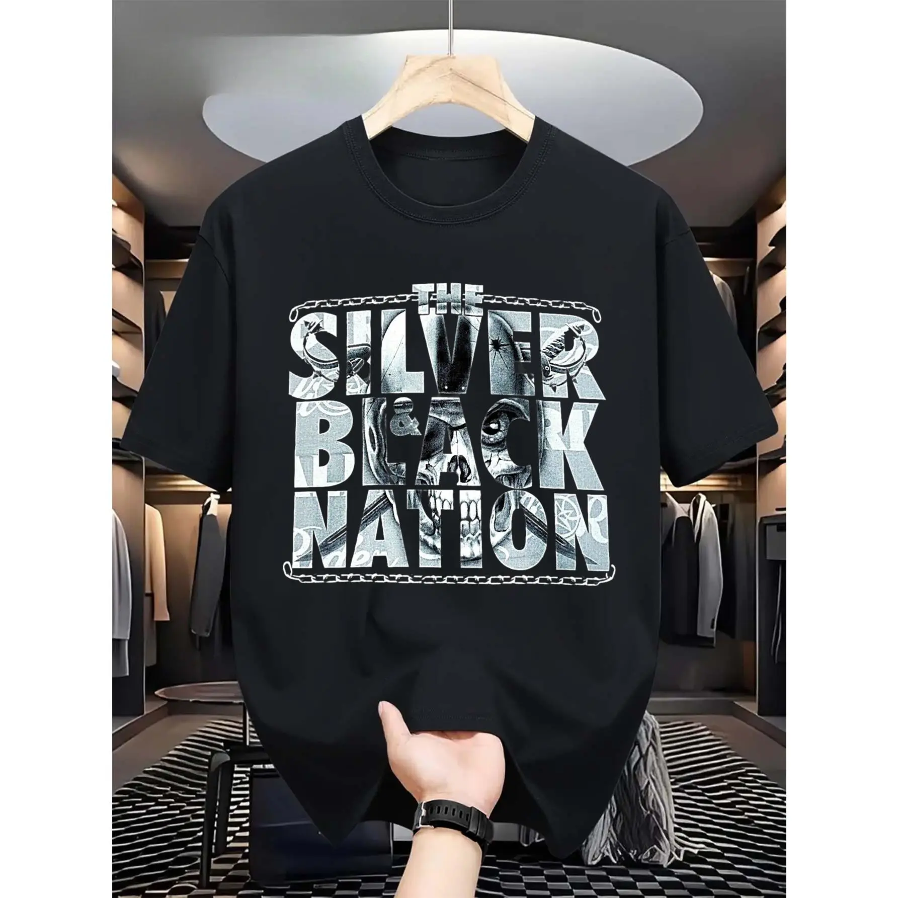 Men'S Trend Aesthetic Loose Standard Fit Printed New Men'S Medium Raiders Tee in Silvery Black, Made of 100% Comfortable Skin Friendly Casual Daily Outfit T Shirts
