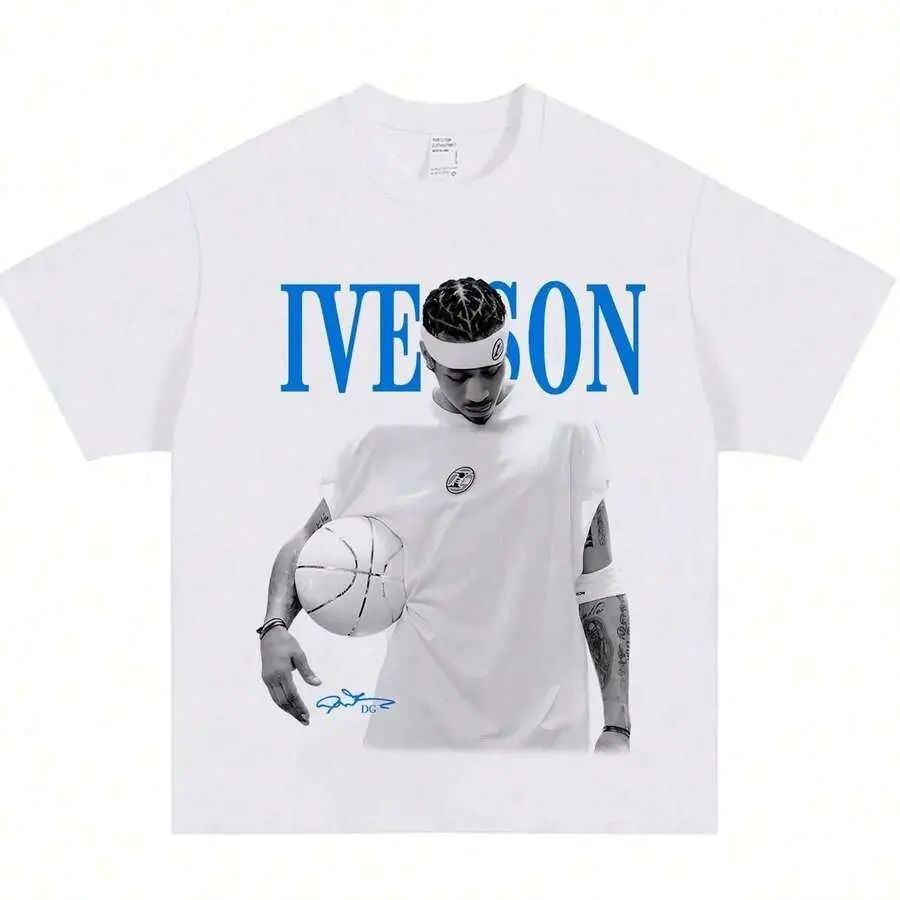 Retro Street Crew Neck T shirt Iverson Legend Basketball Star Portrait Print Unisex Oversized Short Sleeve Casual Top For Adult Sports Lovers Vacation Street Fashion