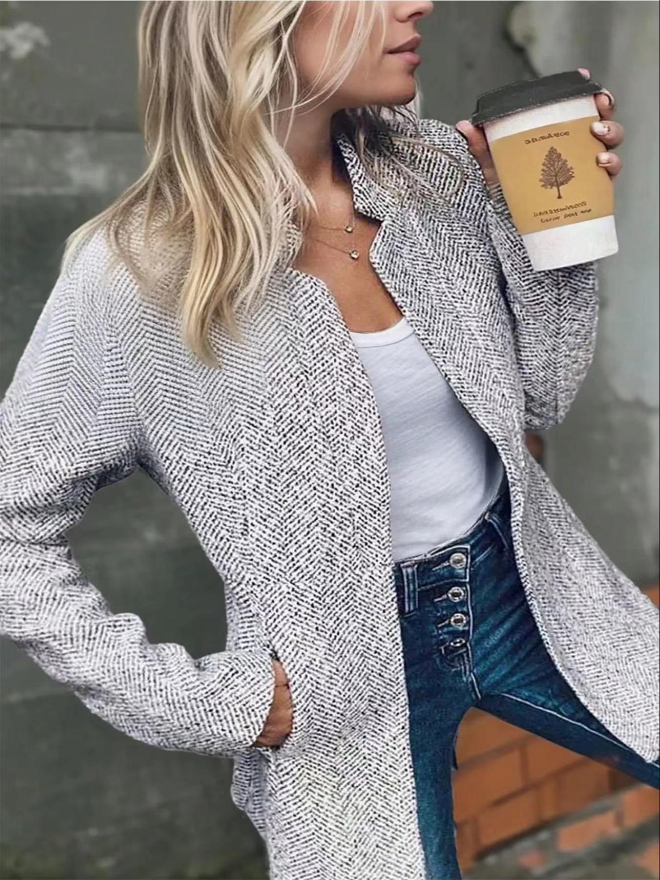 Women's Basic Solid Color Pocket Long Sleeve Open Front Fitted Coat Fabric, Casual Longline Outerwear for Fall & Winter, Ladies Clothes for Daily Wear, Everyday, Womenswear Clothing for Women