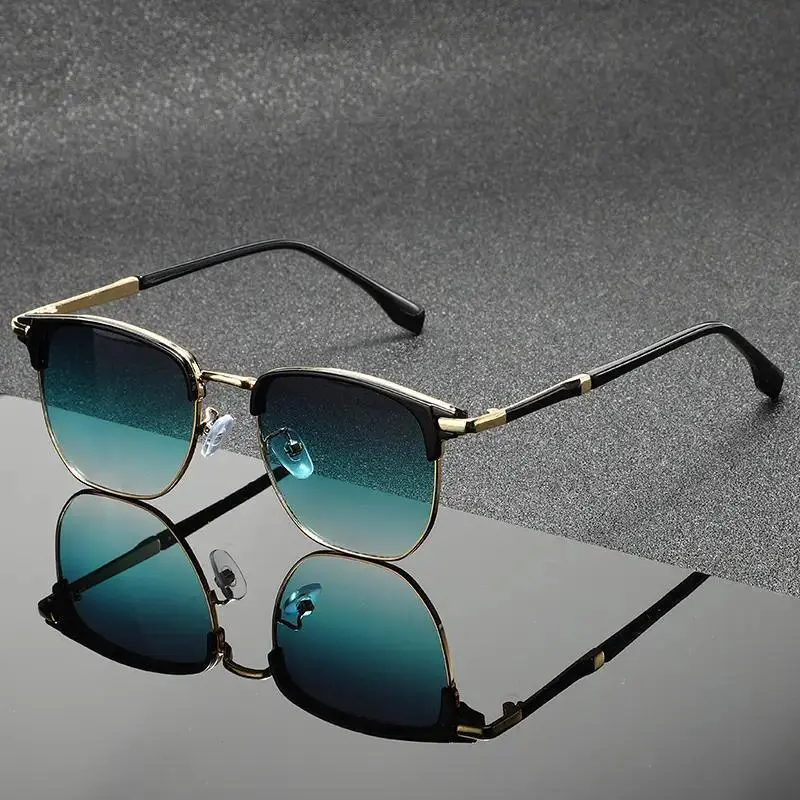 Vintage Semi-Rimless Sunglasses for Women, Oversized Square Metal Frame with Blue Light Blocking Polycarbonate Lenses, Half Frame Sunglasses, Stylish Sunglasses