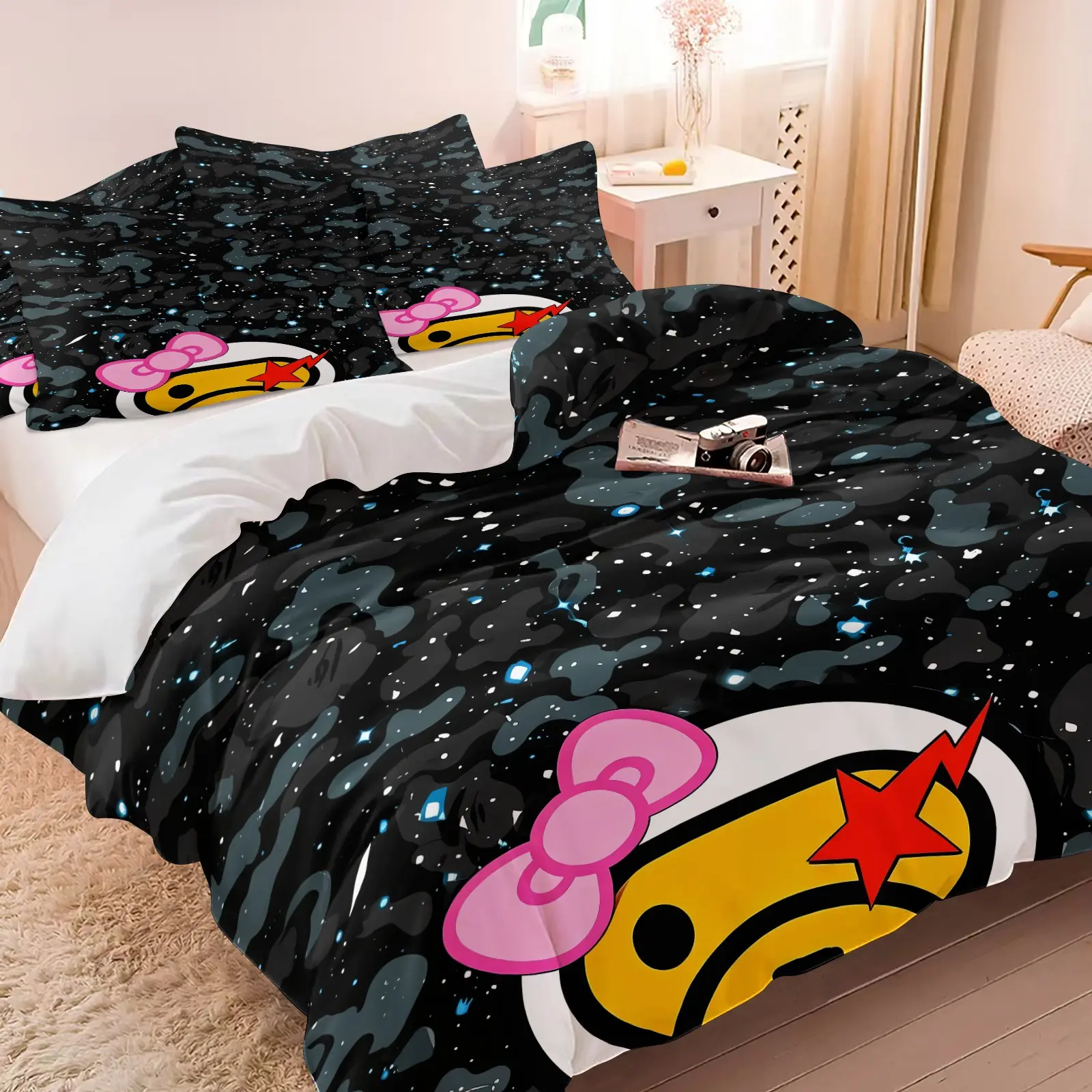 Black Starry Sky Camouflage Sweet Cool Monkey Bow Print Duvet Cover Set & 1-2 Pillowcases, Cartoon Monkey with Pink Bow Red Star Lightning Decorations, Soft Comfort Bedding, Teenage Trendy Bedroom Decor