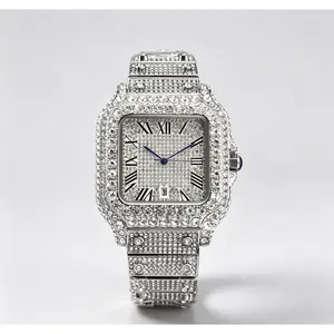 Unisex Fully Iced Out Square Watch Full Paved Crystal Roman Numeral Dial 30M Waterproof Luxury Hip Hop Bling Quartz Wrist Watch For Men Women Jewelry Gift