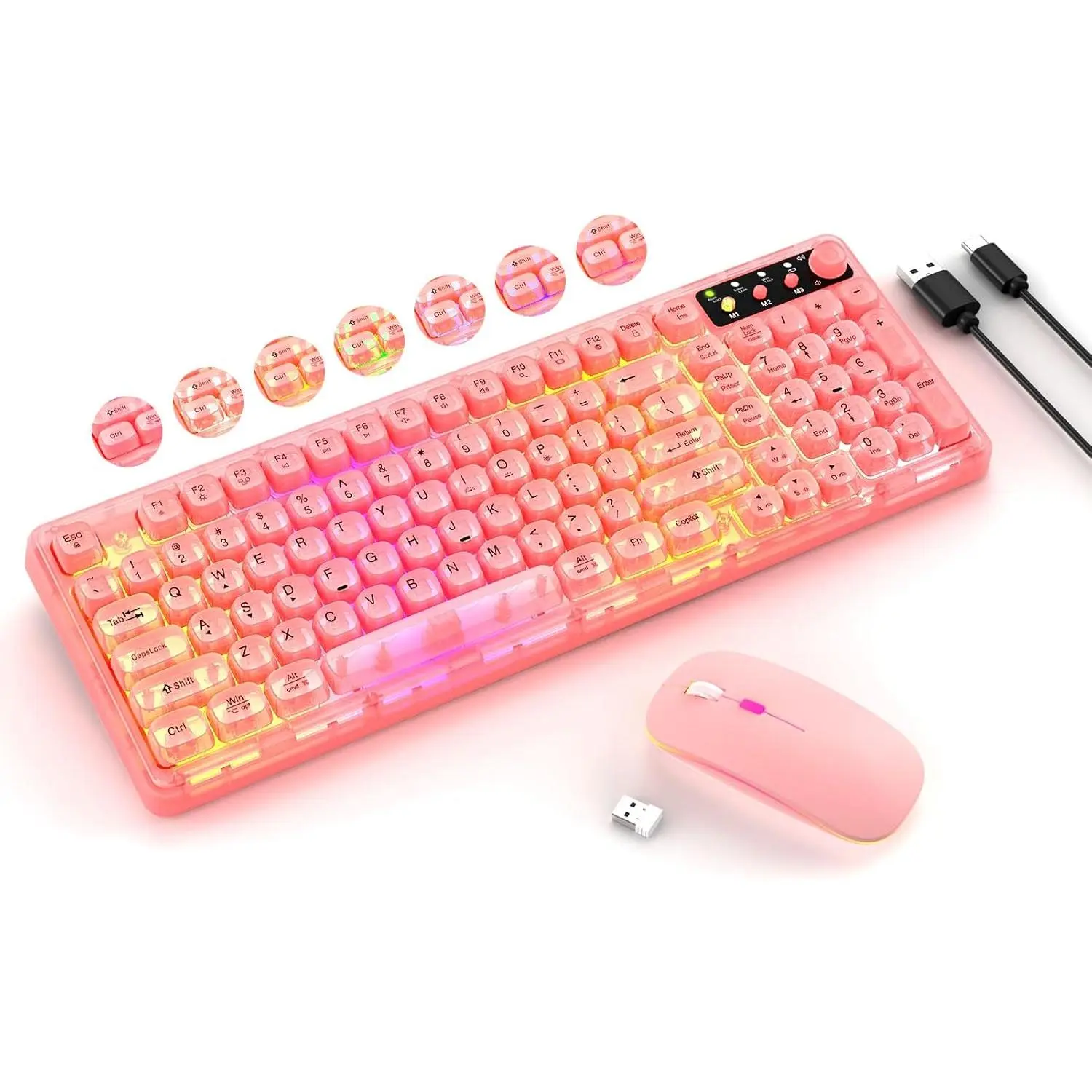 Wireless Light Up Keyboard and Mouse Combo, 2.4Ghz Cordless Rechargeable Transparent Backlit Bubble Peripherals, 15 Backlight Effects, Numbered Volume Knob, Hotkeys, Media Keys, RGB 3 DPI, Volume Control for PC Mac Laptop