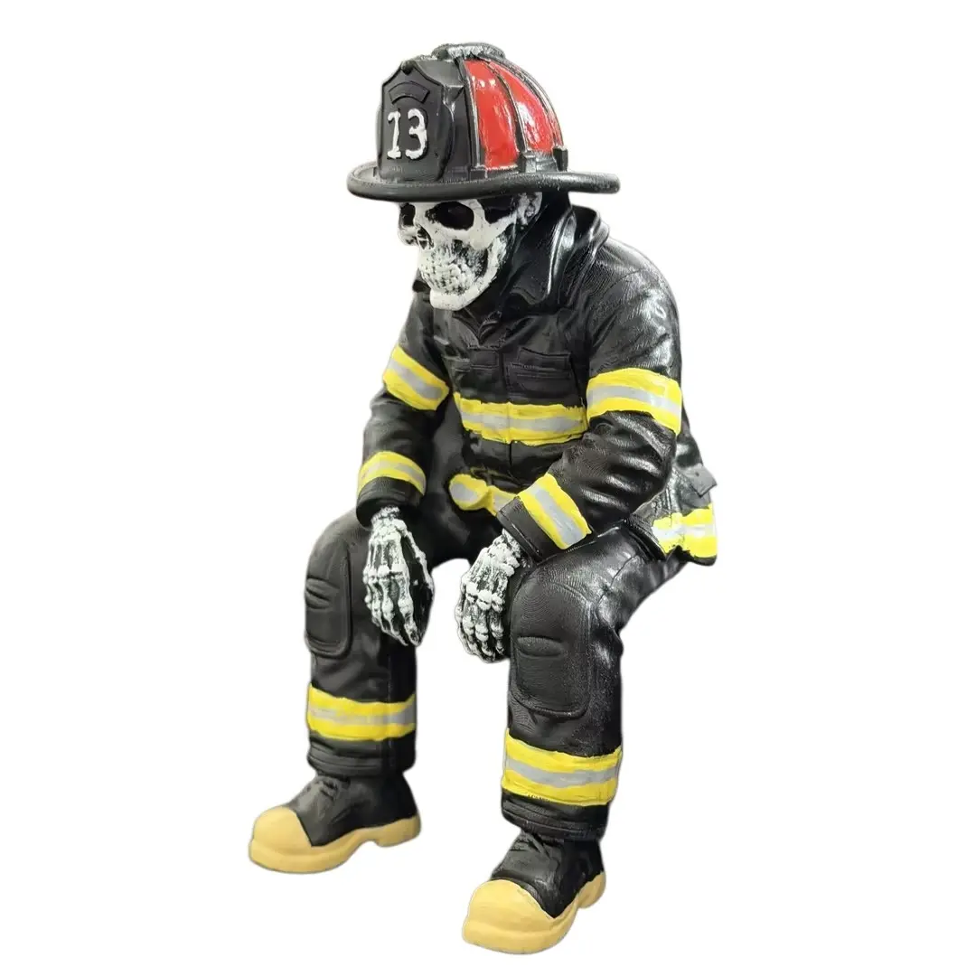 Firefighter Skeleton Shelf Sitter, Hero Tribute Memorial Resin Figurine，6in | Memorial Firefighter Collectible Statue, Dark Gothic Home Decor Gift for Office, Bookshelf and Desk Display